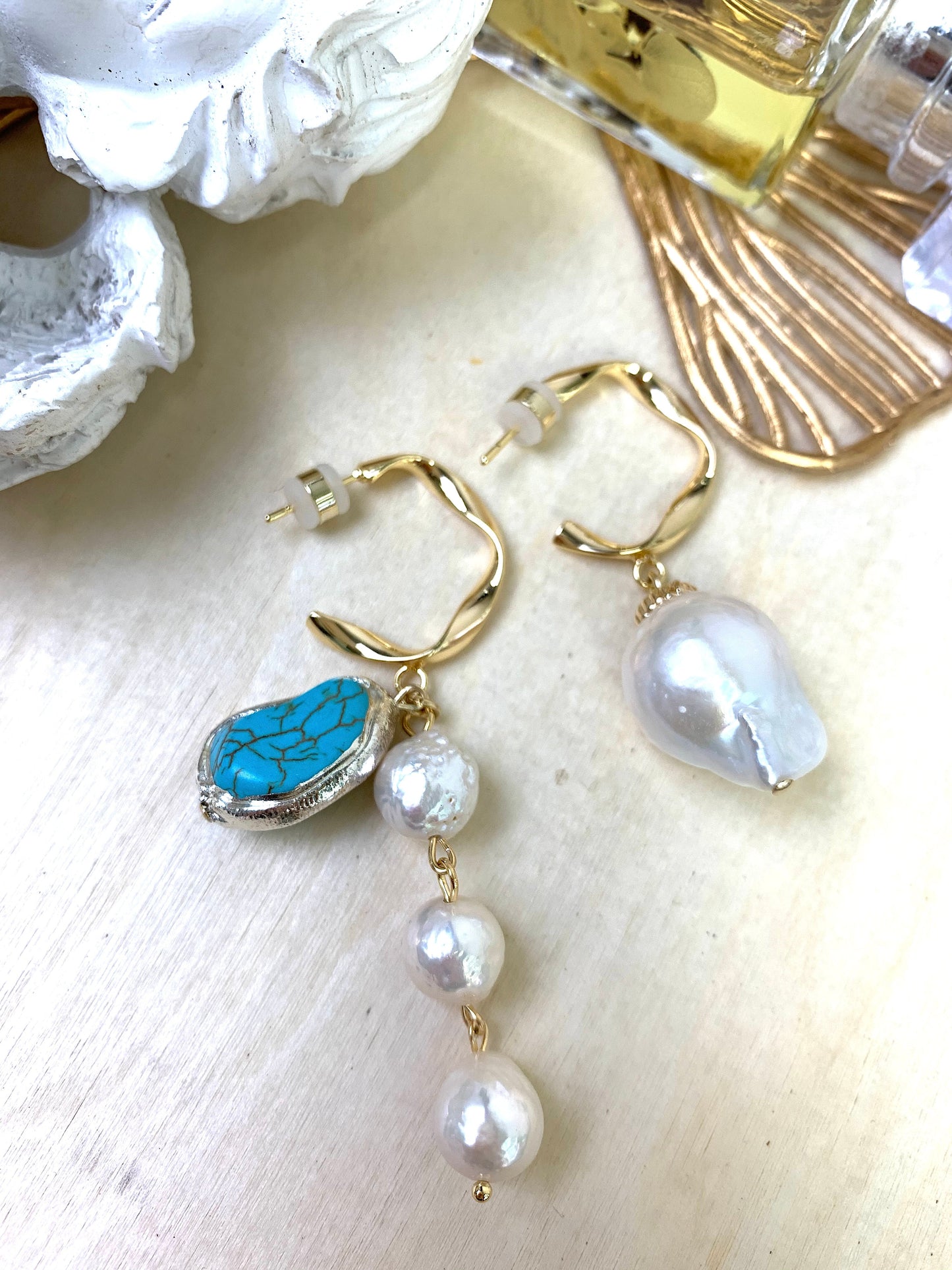 Freshwater Pearls With Turquoise Asymmetric Earrings EE008 - FARRA