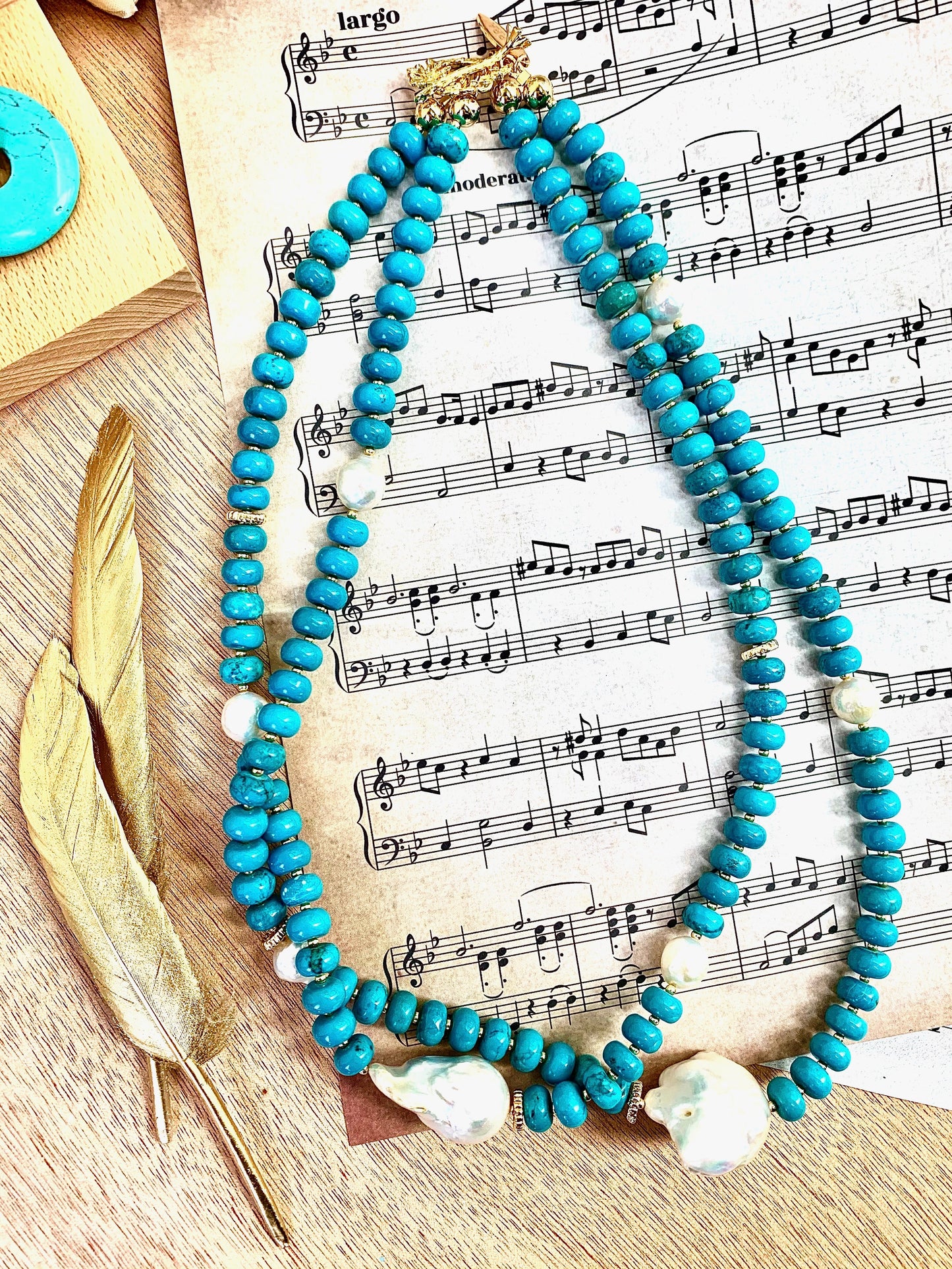 Turquoise With Baroque Pearls Double Layers Short Necklace EN013 - FARRA