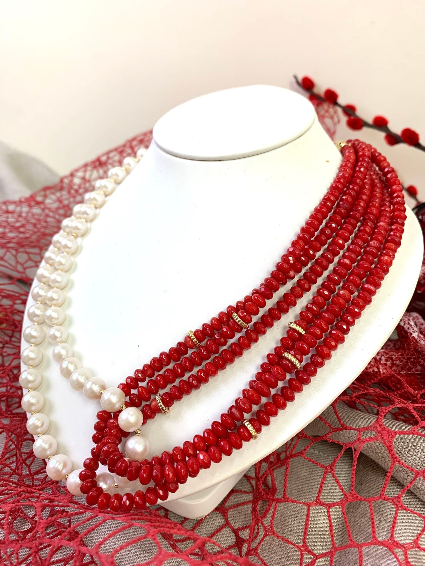 Red Corals With Freshwater Pearls Multi-Strands Necklace EN039 - FARRA