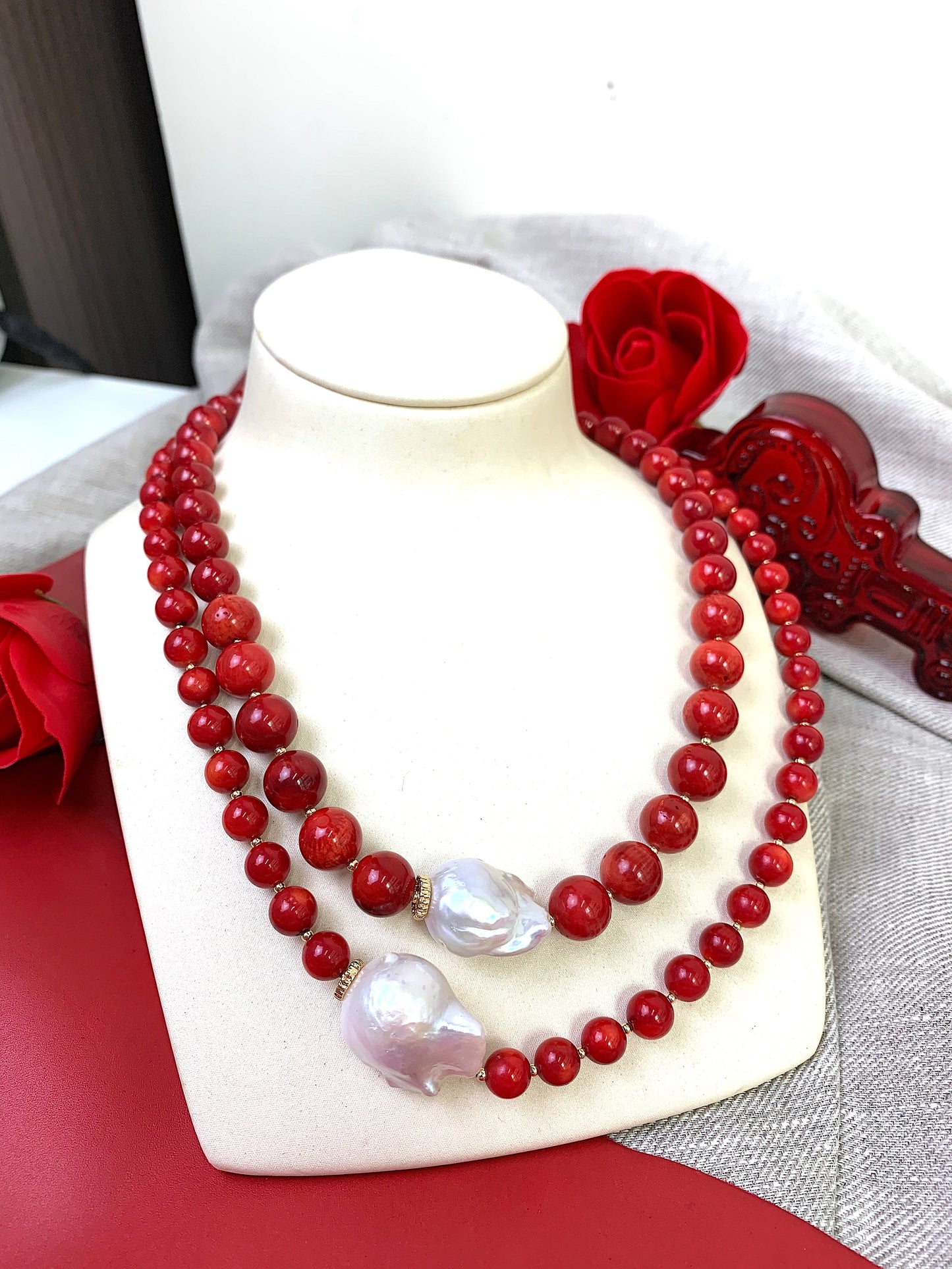 Red Coral With Baroque Pearls Double Strands Necklace EN036 - FARRA