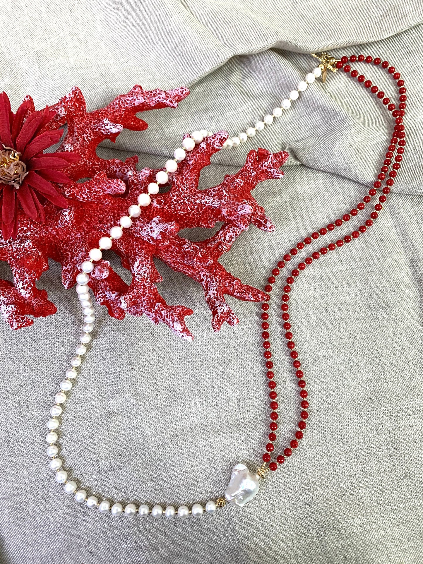 Red Coral & Freshwater Pearls Multi-Way Long Necklace EN038 - FARRA