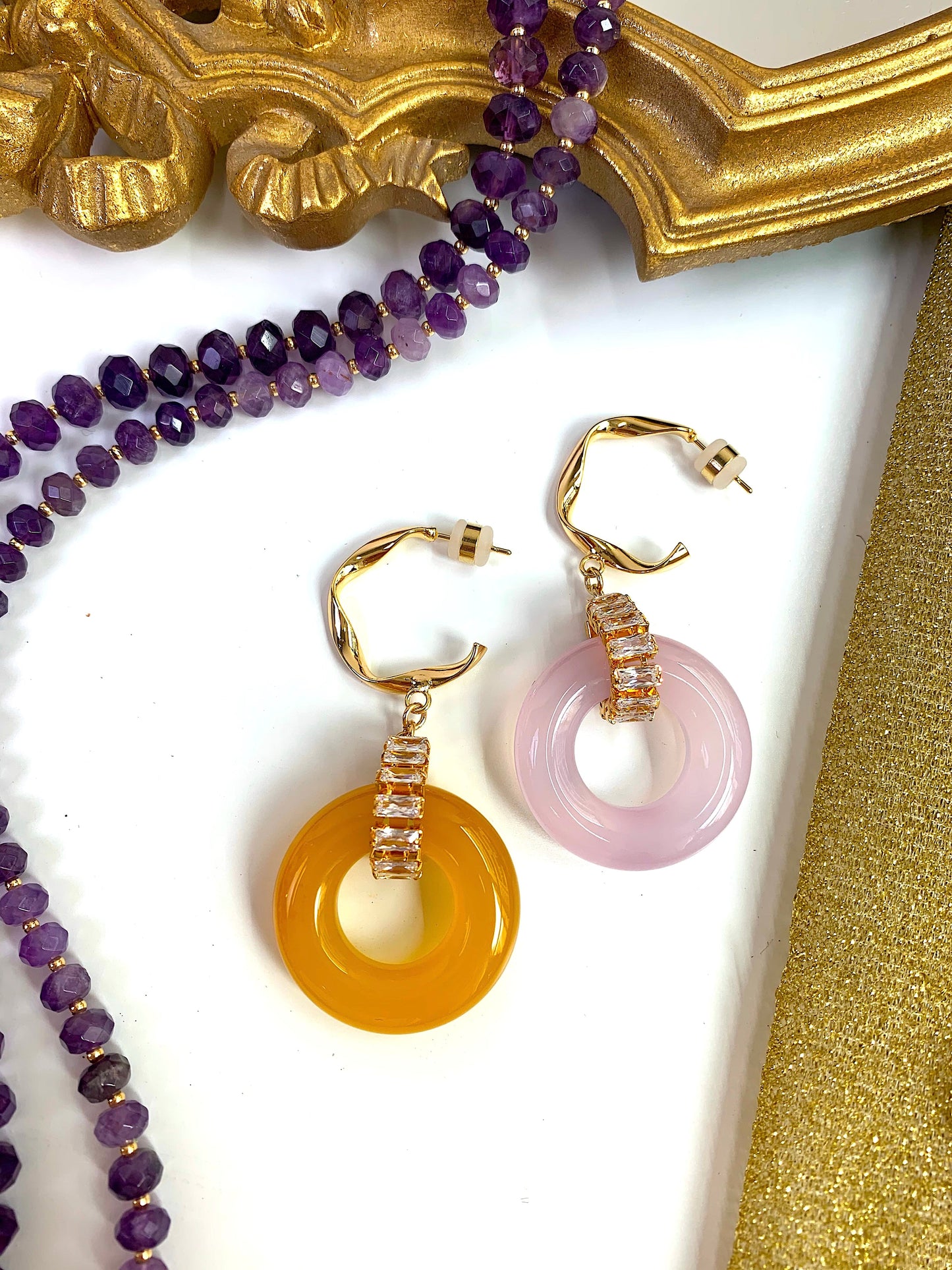 Pink and Yellow Round Gemstone Earrings EE032 - FARRA