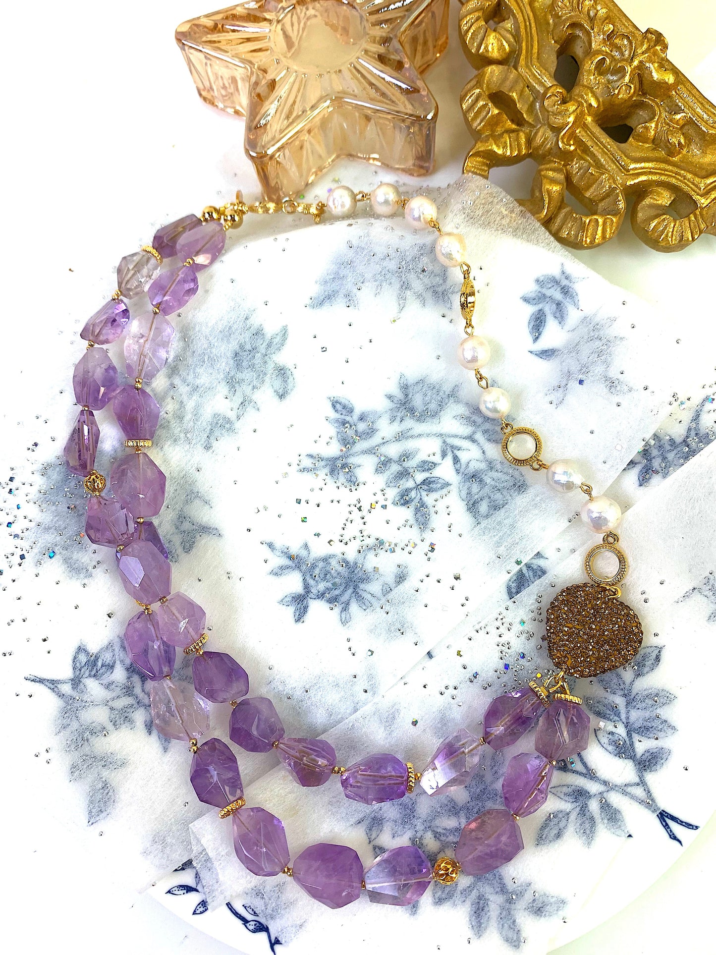 Amethyst With Pearls Double Strands Versatile Necklace EN035 - FARRA