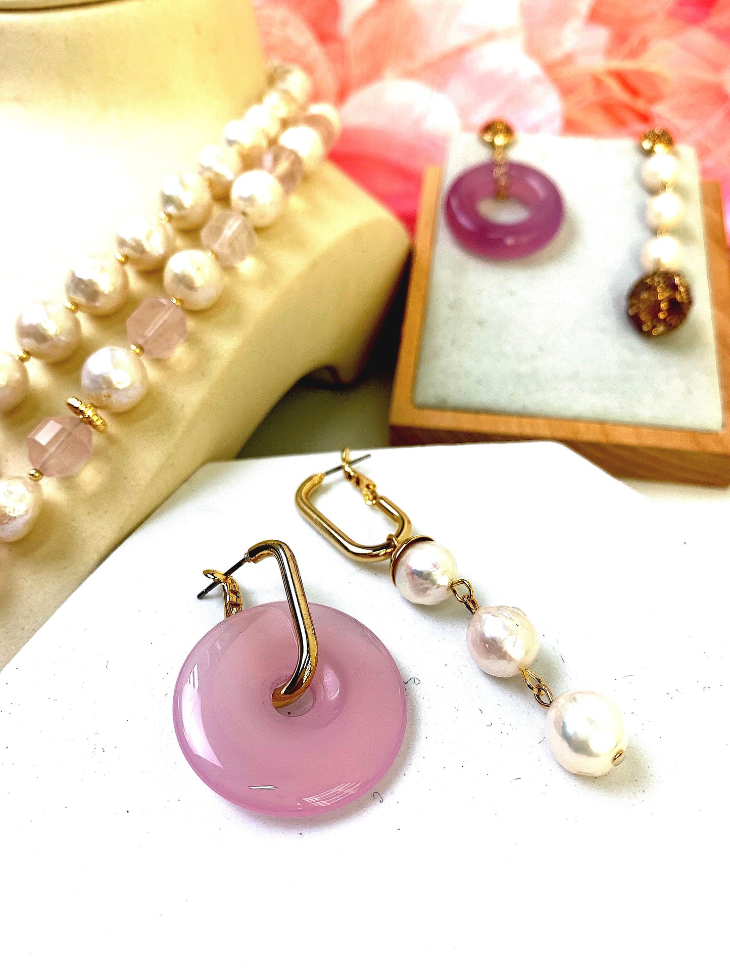 Donut Rose quartz with Freshwater Pearls Asymmetric Earrings EE030 - FARRA