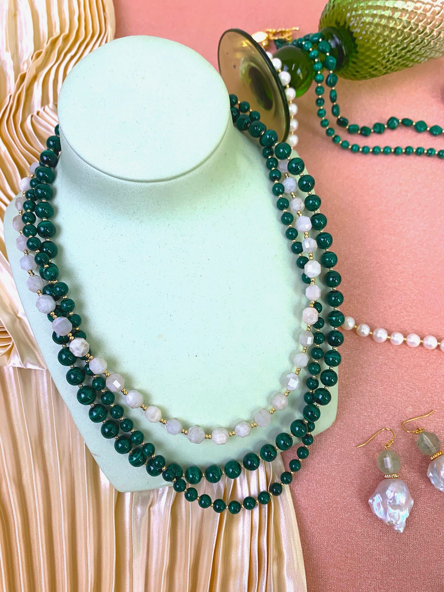 Malachite With Moon Stone Triple Strands Necklace EN004 - FARRA