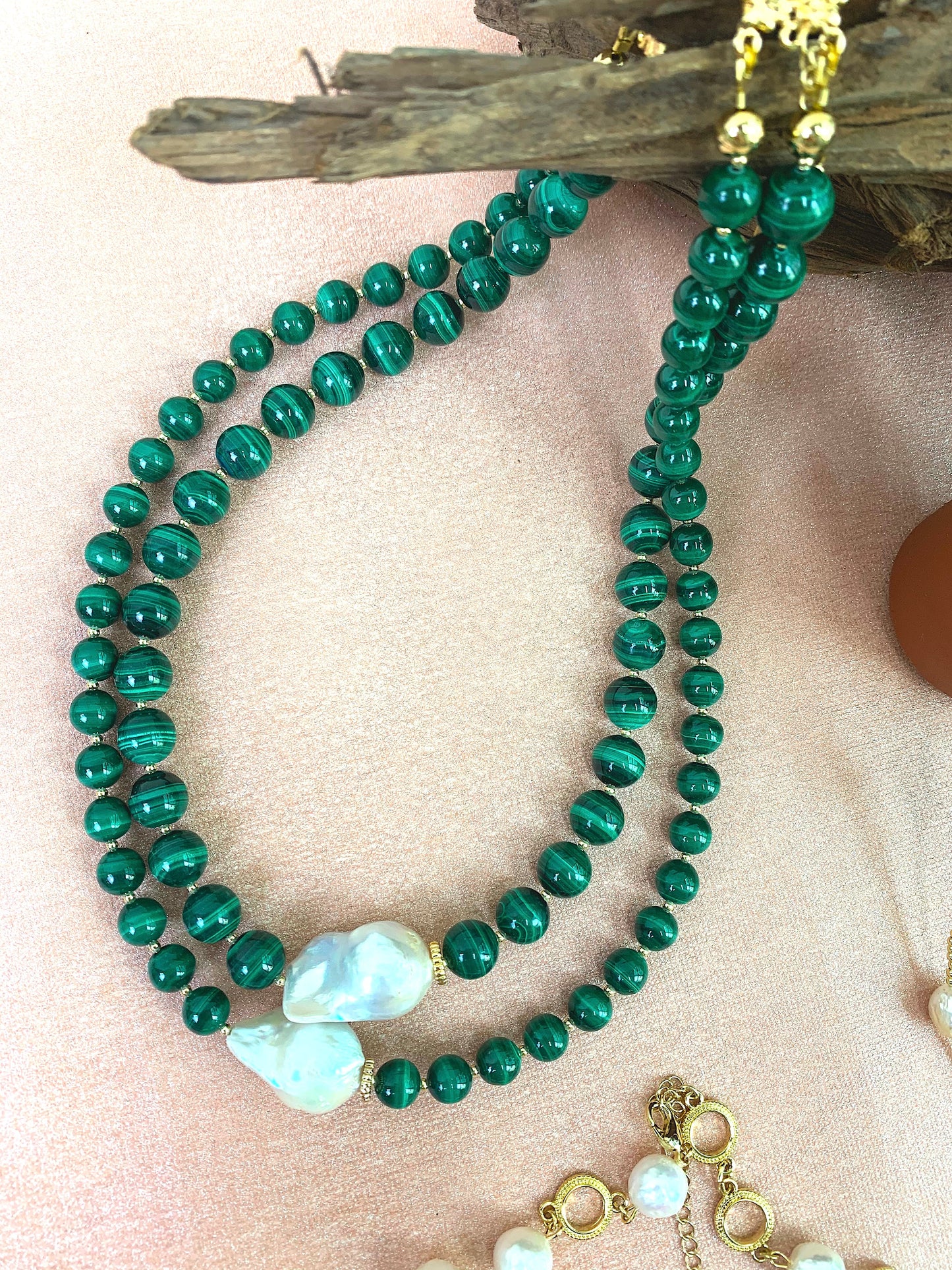 Malachite With Baroque Pearls Double Strands Necklace EN001 - FARRA