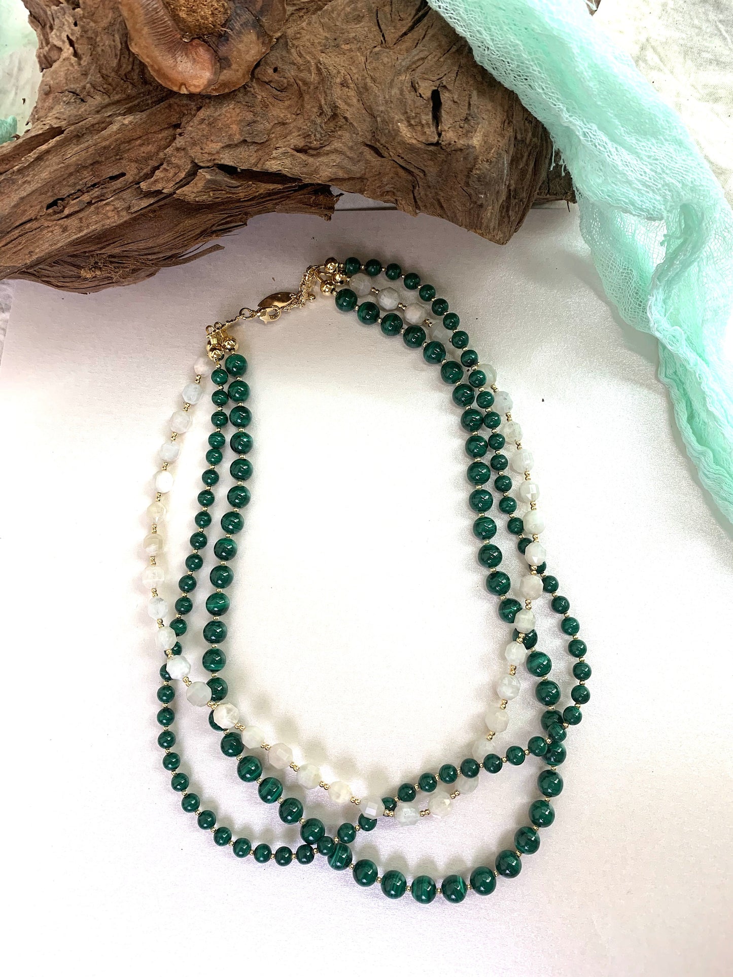 Malachite With Moon Stone Triple Strands Necklace EN004 - FARRA