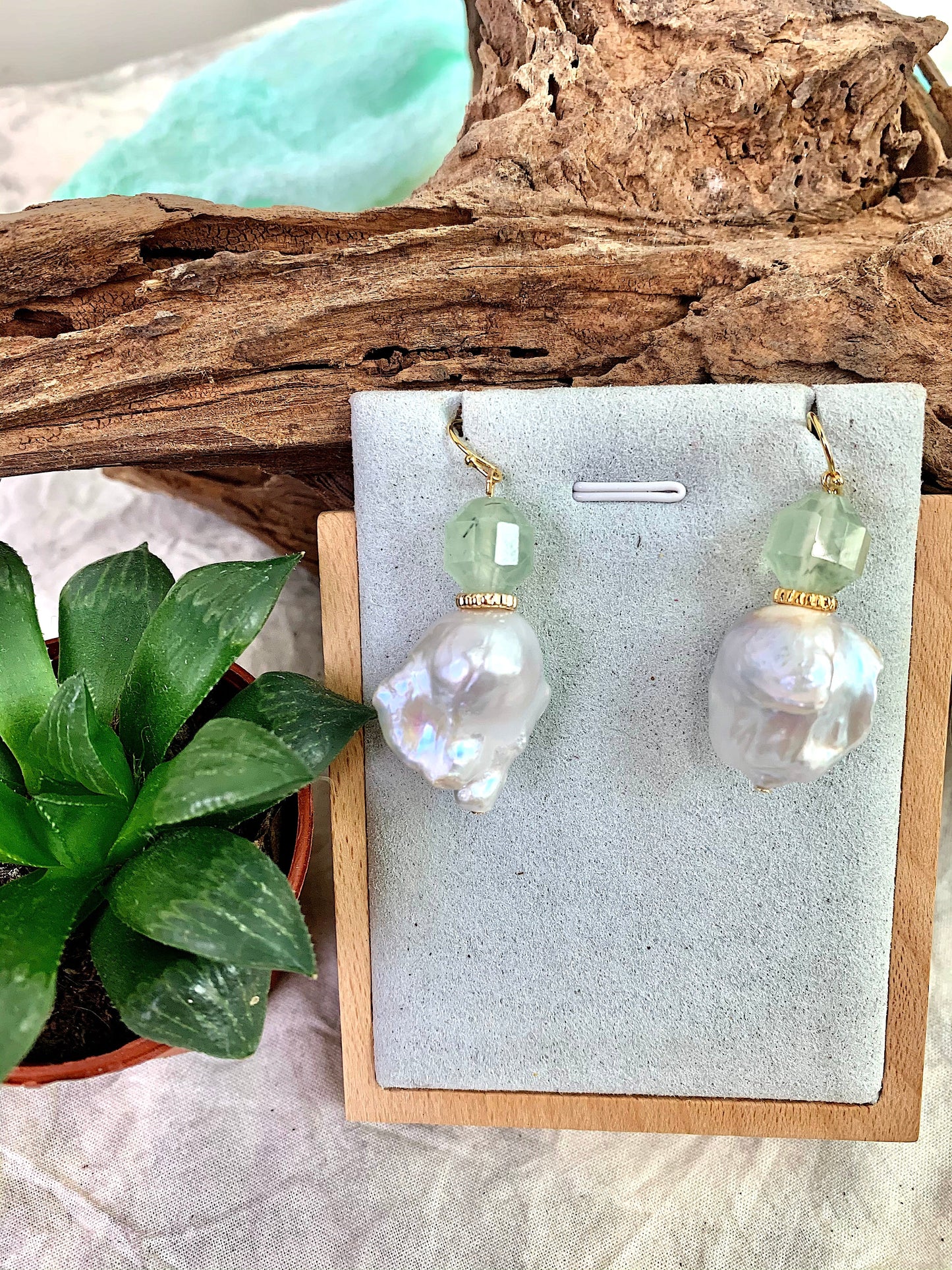 Prehnite with Baroque Pearl Hook Earrings EE002 - FARRA