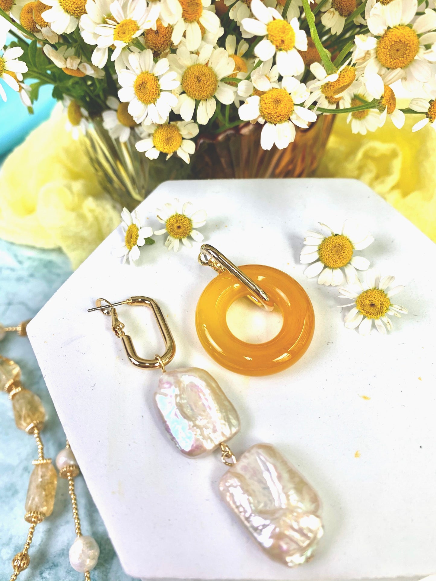 Donut Shaped Yellow Jade & Flat Freshwater Pearls Asymmetric Earrings EE045 - FARRA