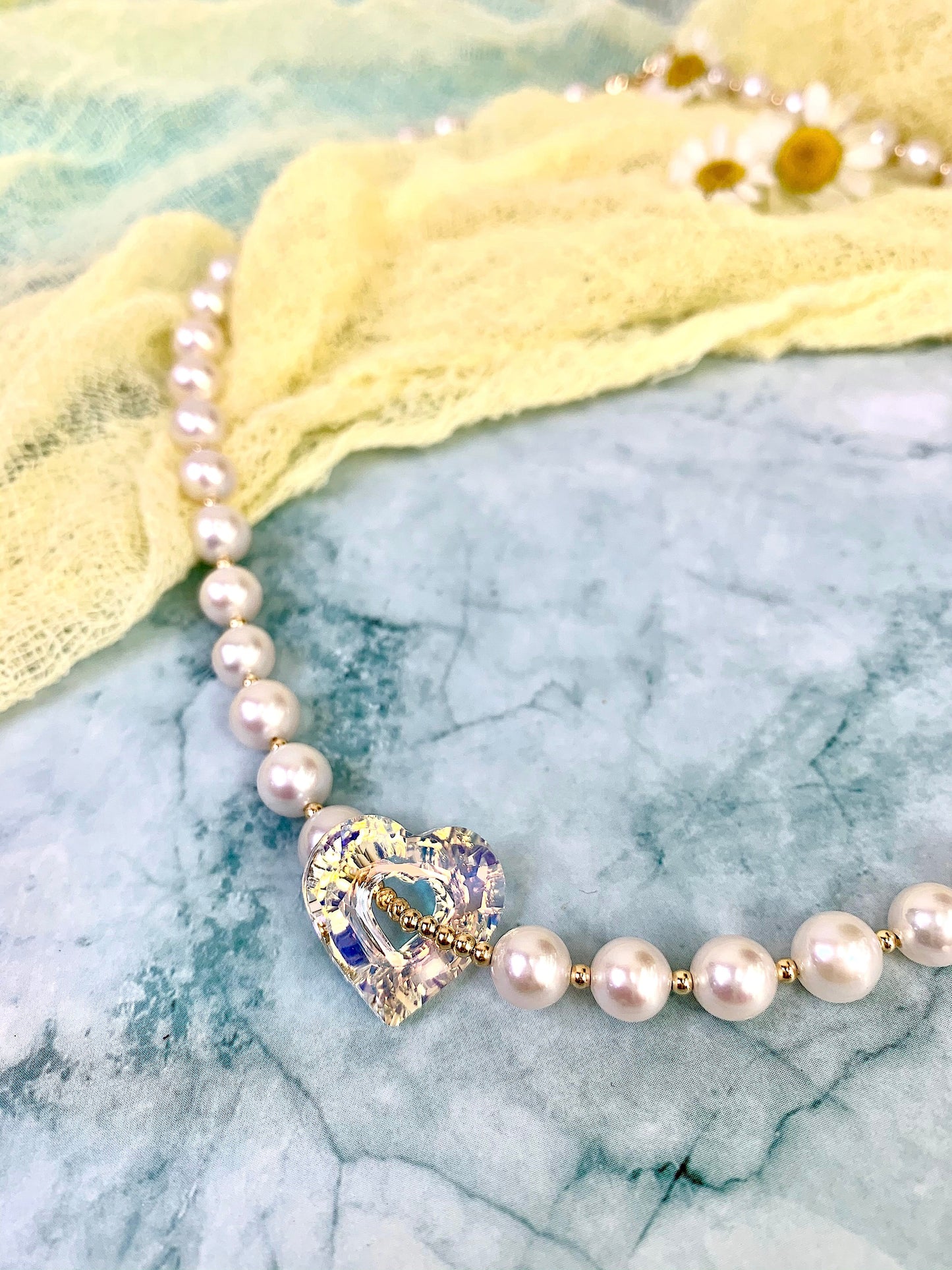 Freshwater Pearls With Swarovski Crystal Heart Charm Short Necklace EN043 - FARRA