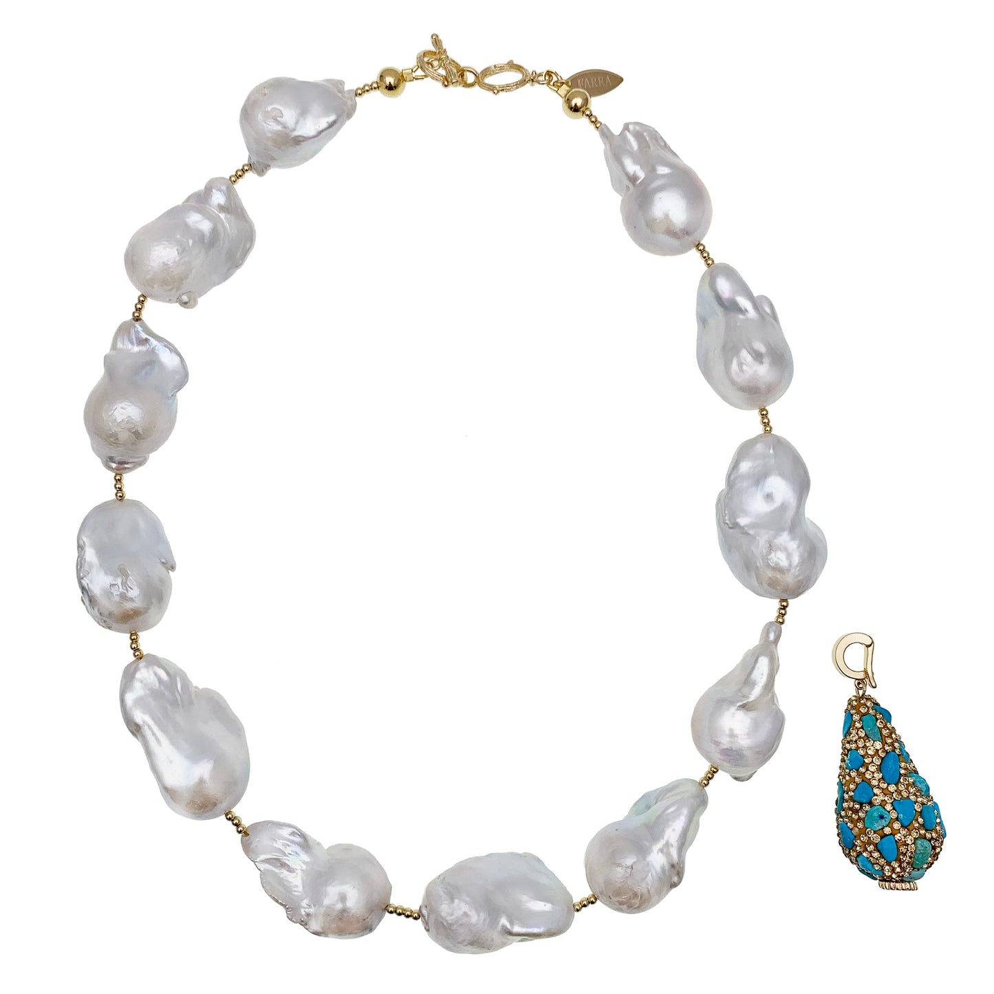 Baroque Pearls With Rhinestone Bordered Turquoise Charm Necklace EN012 - FARRA