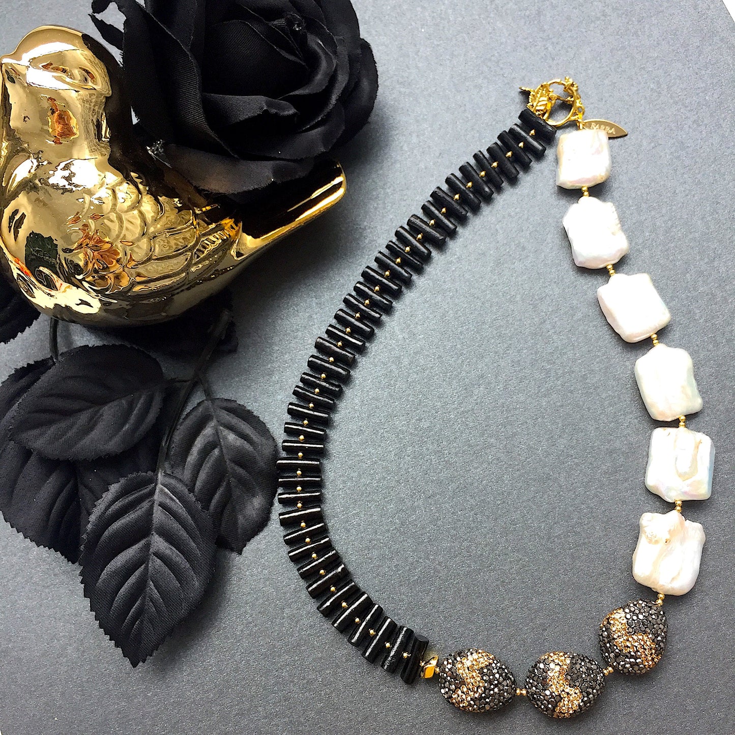 Freshwater Pearls with Black Coral Statement Necklace MN006 - FARRA