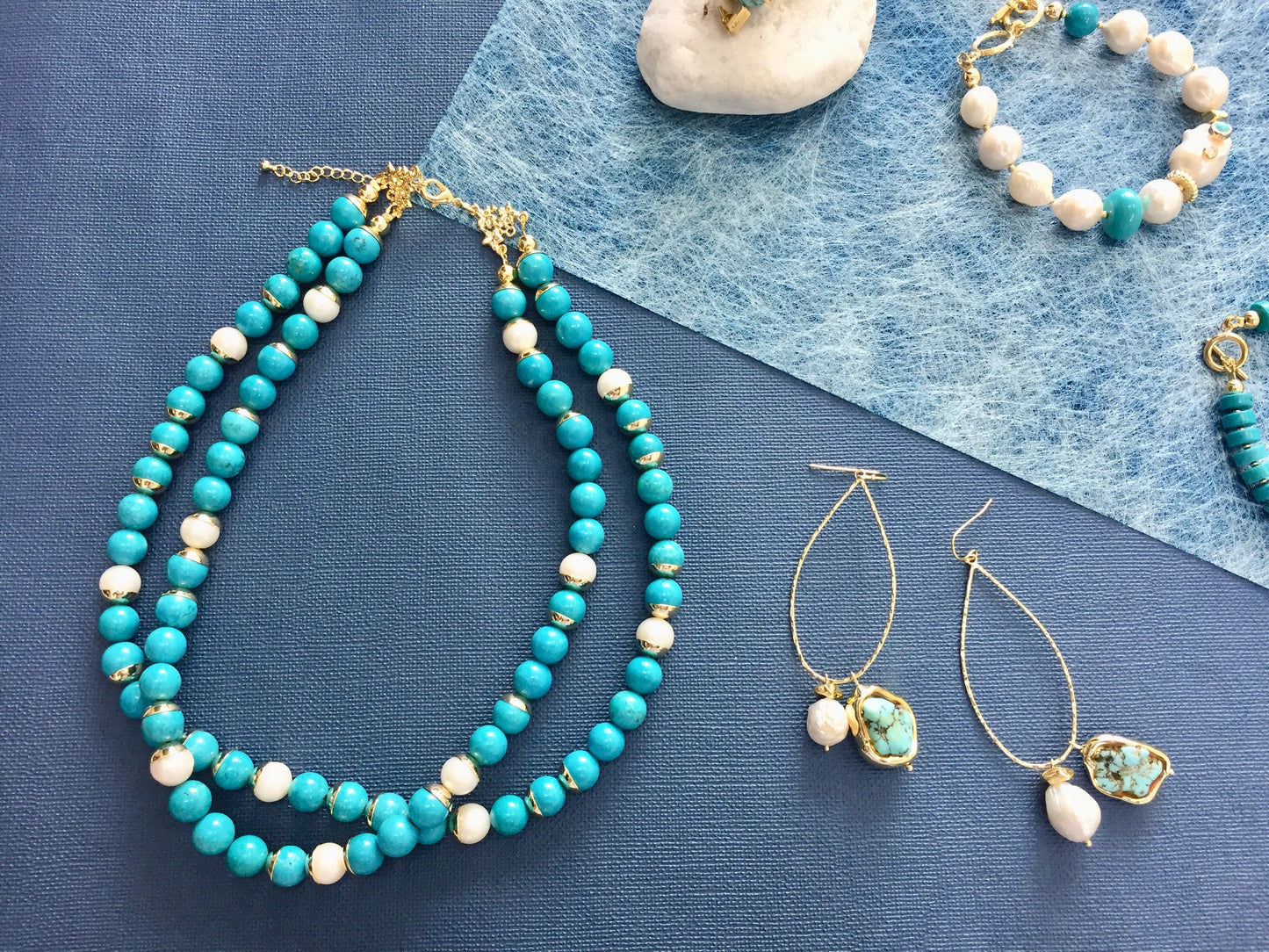 Turquoise & Freshwater Pearls Double Strands Necklace AN030 - FARRA