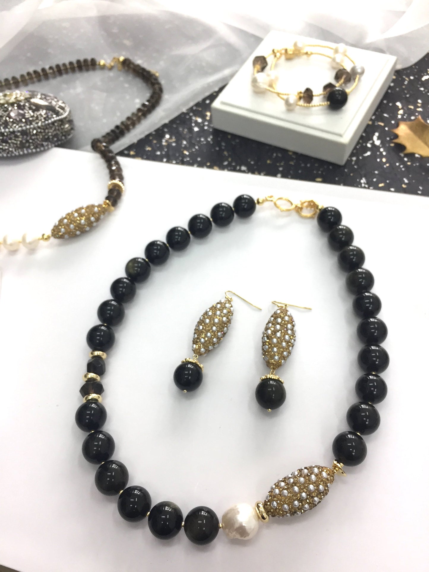 Black Obsidian With Rhinestones Statement Earrings AE016 - FARRA