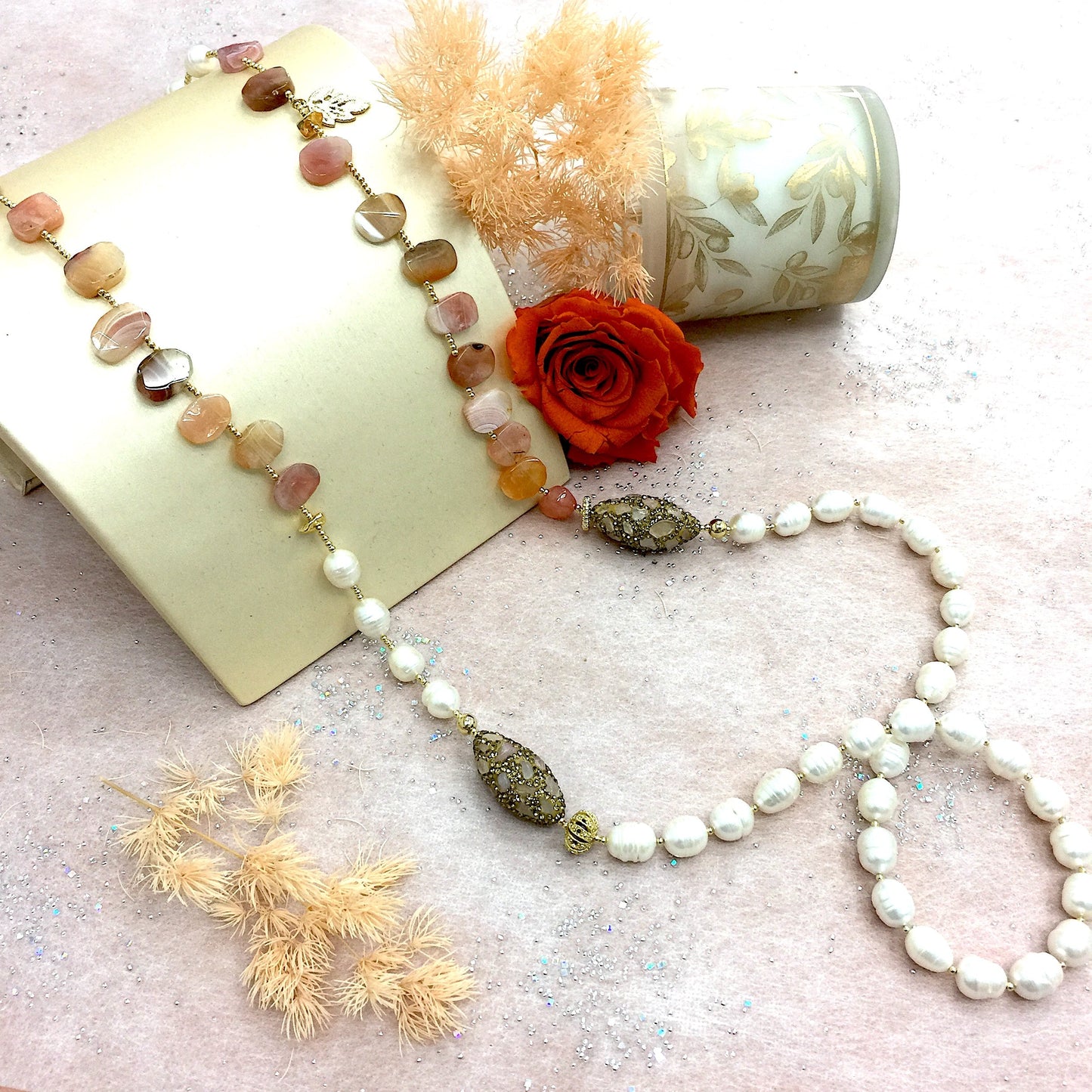 Orange Agate With Freshwater Pearls And Rhinestones Multi-Way Necklace AN002 - FARRA