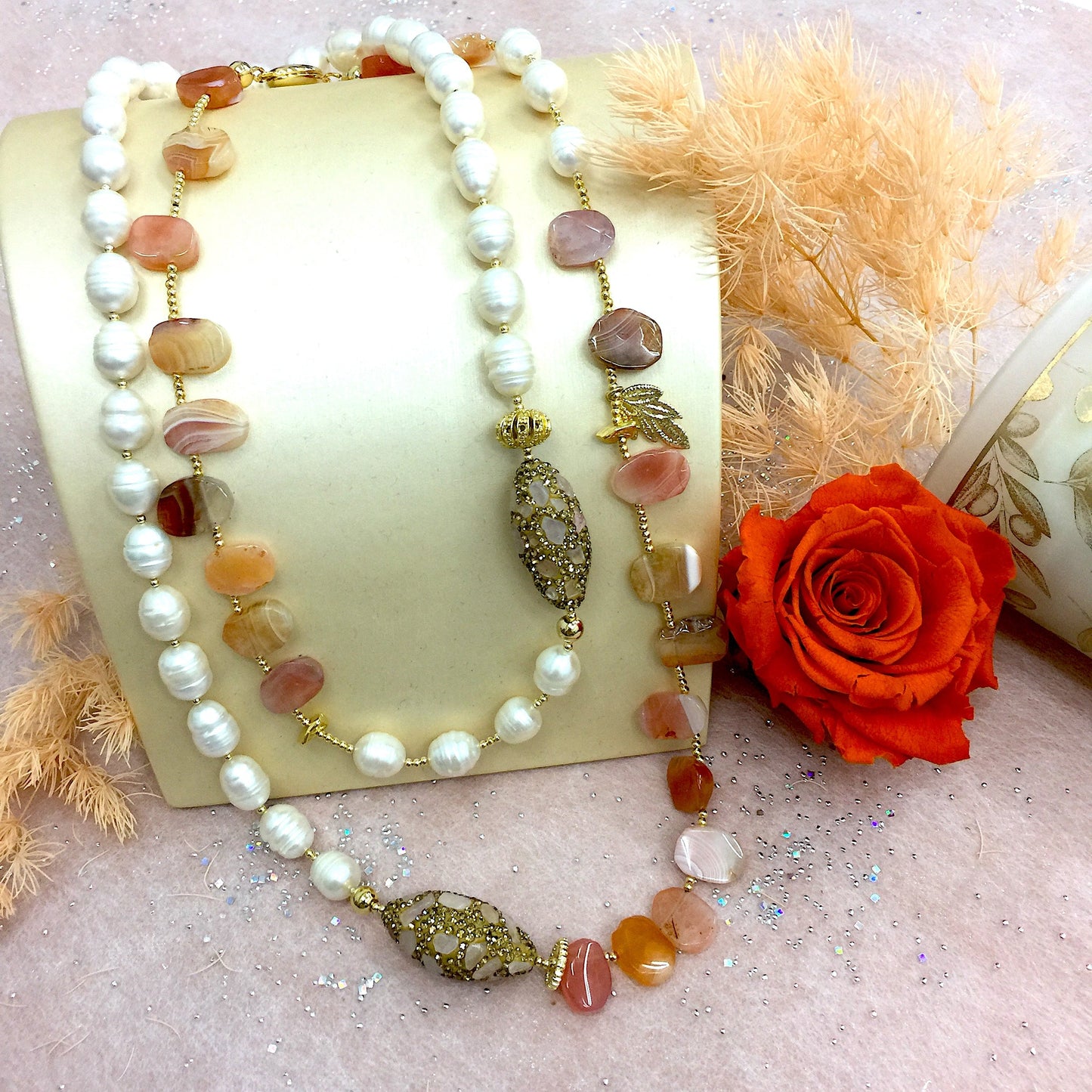 Orange Agate With Freshwater Pearls And Rhinestones Multi-Way Necklace AN002 - FARRA