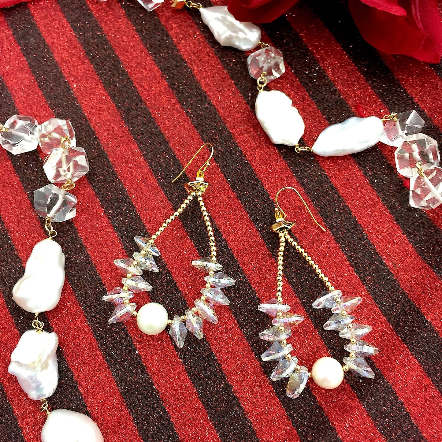 Teardrop Crystals with Freshwater Pearls Hook Earrings AE057 - FARRA