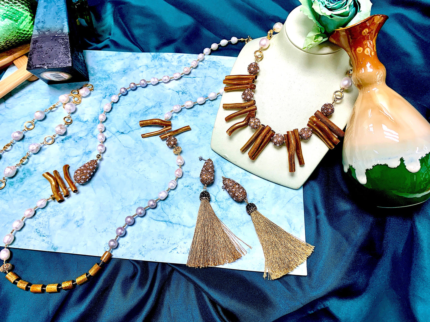 Golden Corals With Pearls Rhinestone Statement Necklace FN001 - FARRA