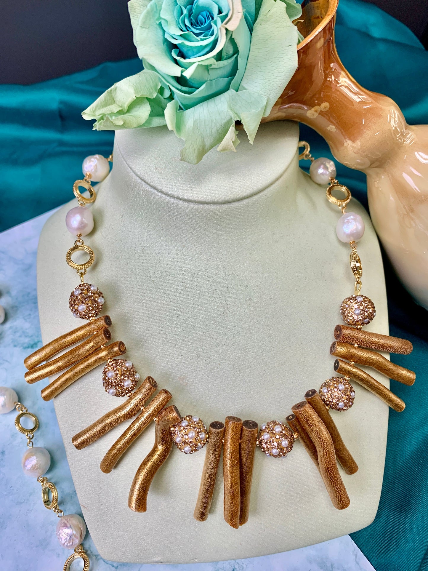 Golden Corals With Pearls Rhinestone Statement Necklace FN001 - FARRA