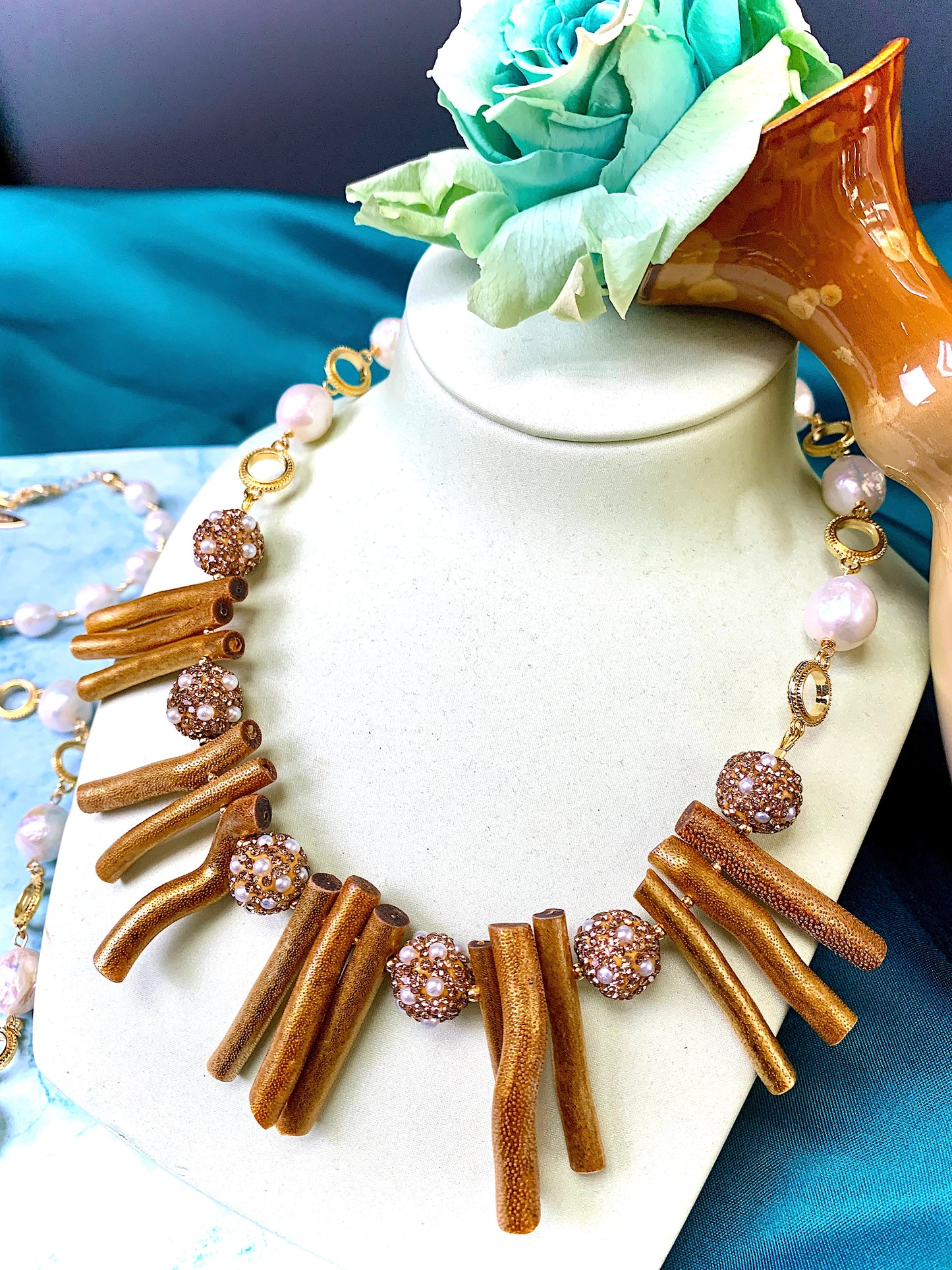 Golden Corals With Pearls Rhinestone Statement Necklace FN001 - FARRA