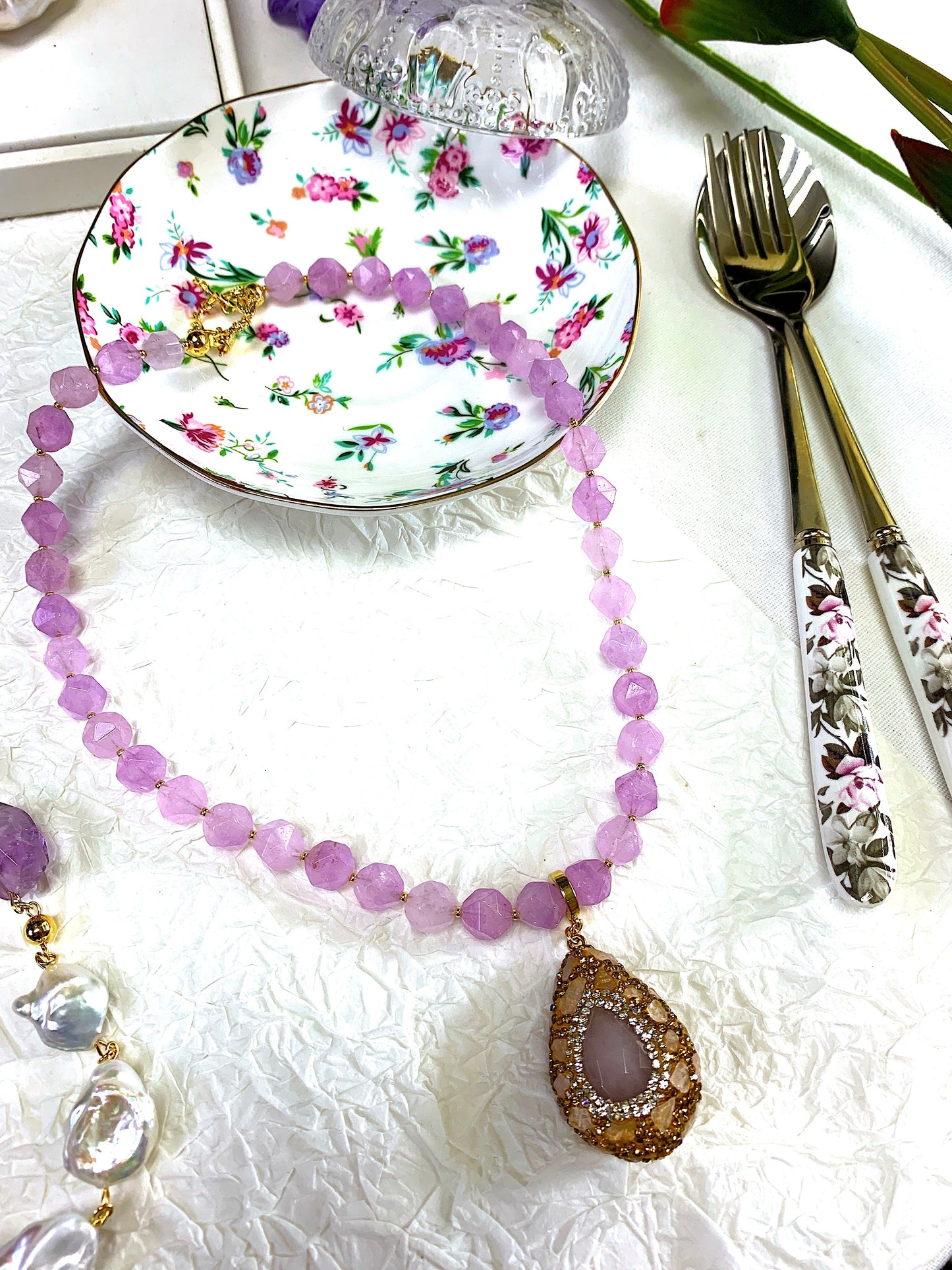 Amethyst With Removable Rhinestone Pendant Necklace FN014 - FARRA