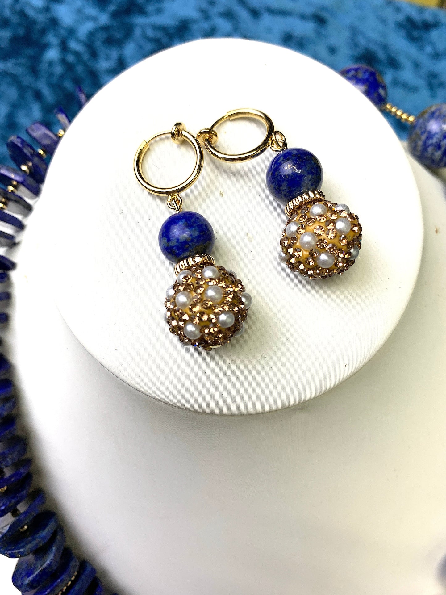 Round Lapis With Rhinestones Bordered Pearls Simple Dangle Earrings FE014 - FARRA