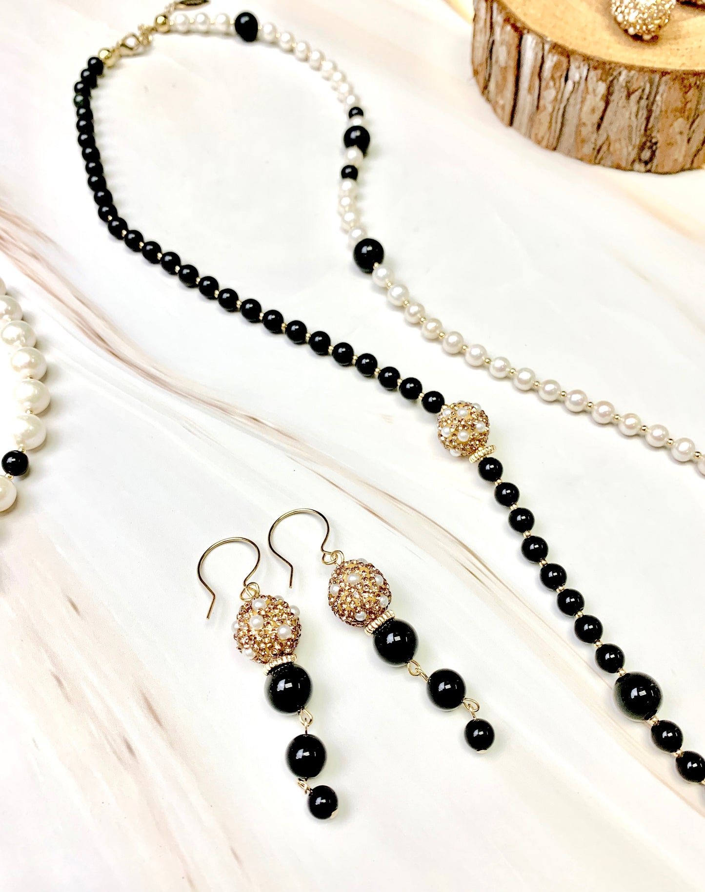 Black Obsidian With Rhinestones Dangle Earrings FE023 - FARRA