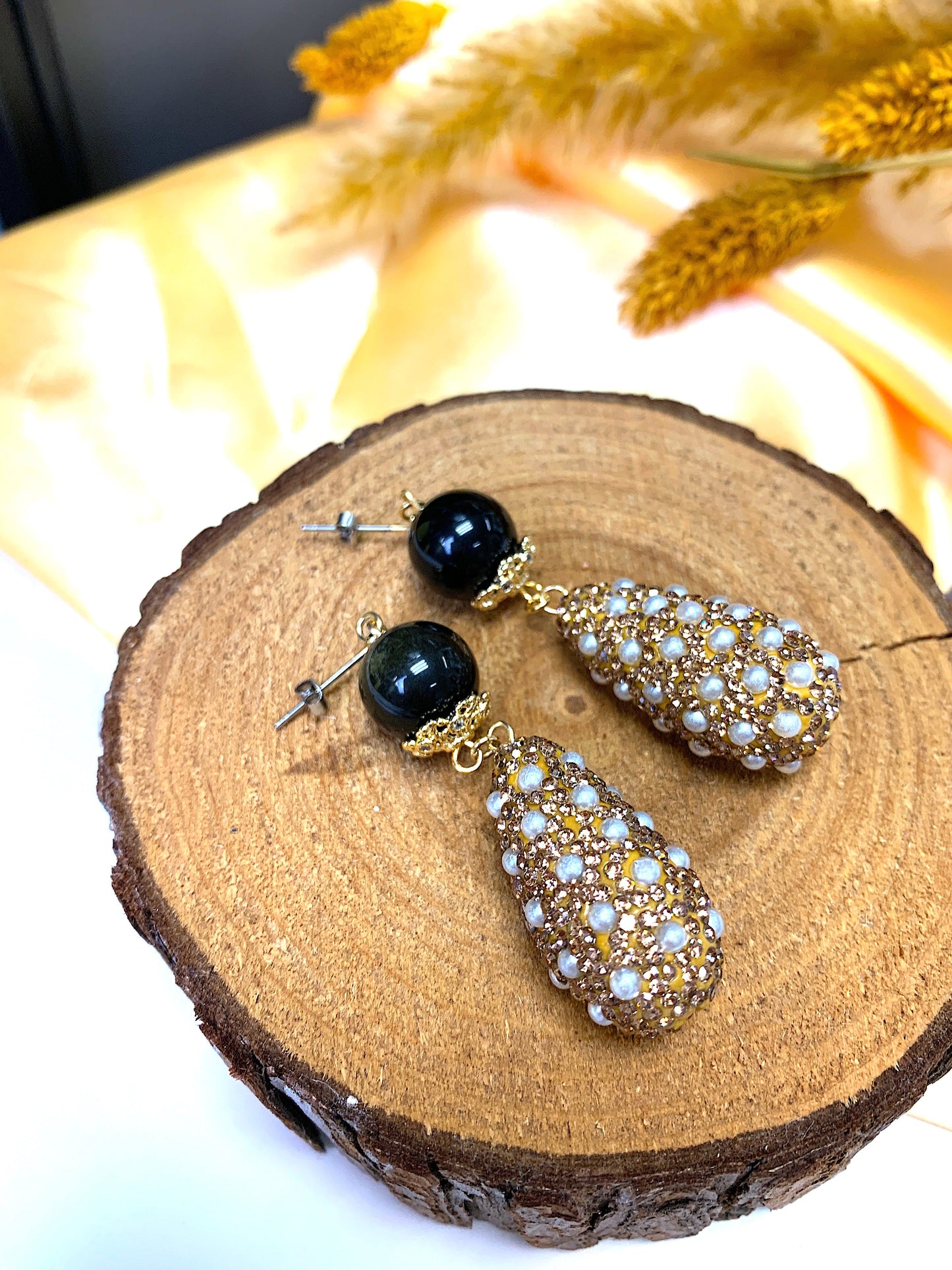 Black Obsidian With Rhinestones Dangle Earrings FE022 - FARRA