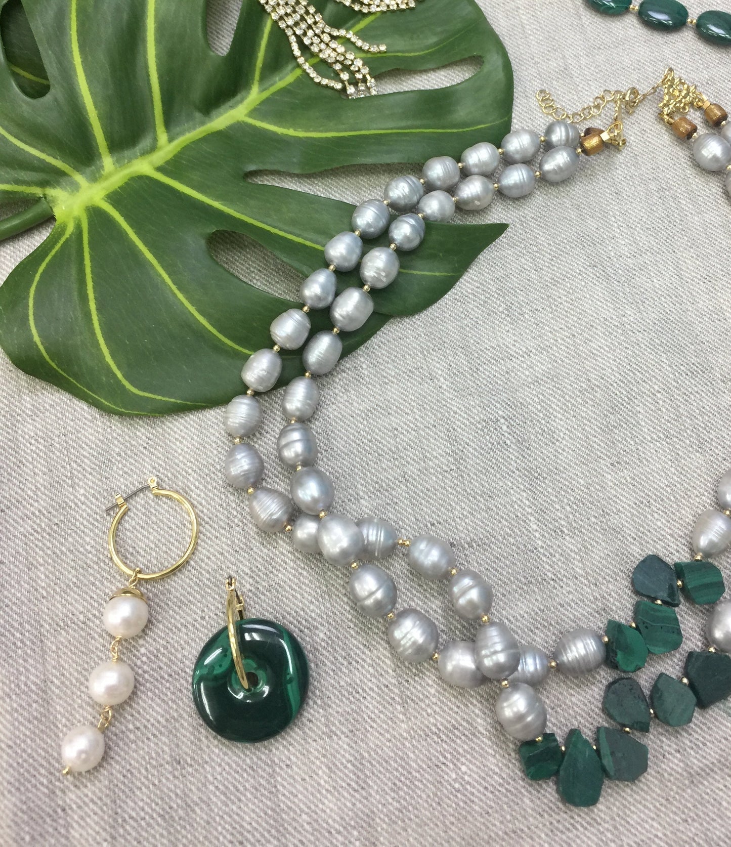 Donut Shaped Malachite & Freshwater Pearls Asymmetric Earrings CE033 - FARRA