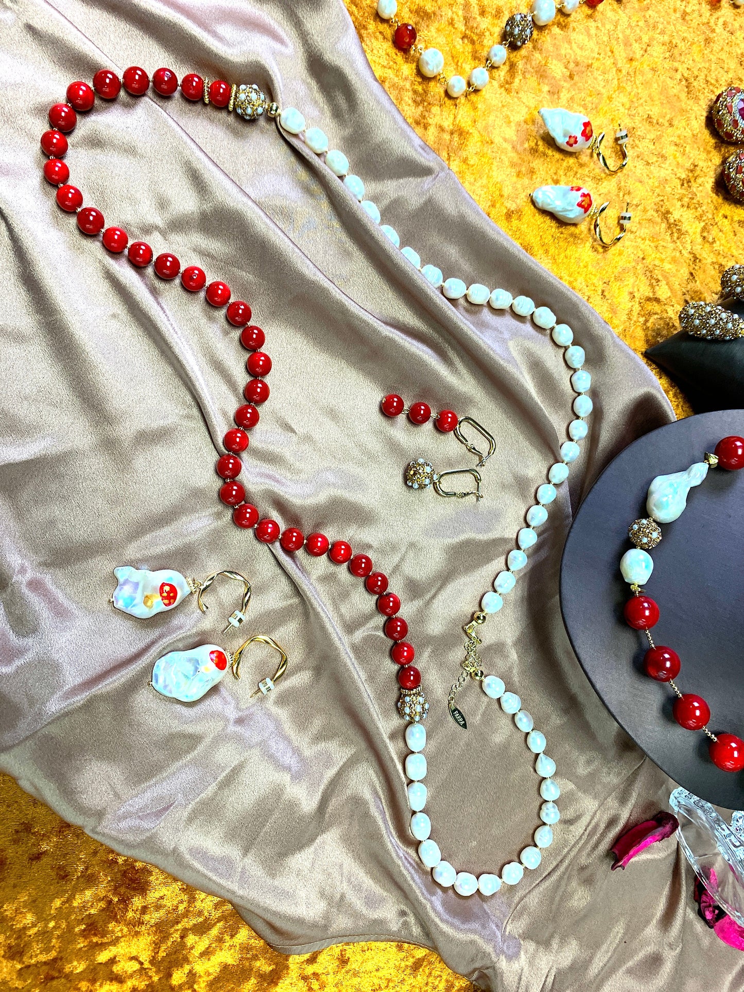 Freshwater Pearls with Red Corals Two Ways Necklace FN008 - FARRA