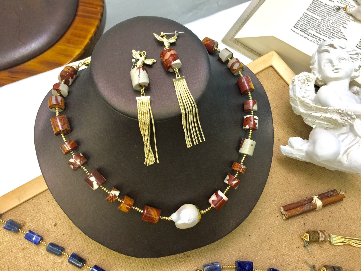 Noreena Jasper With bee Charm Tassel Earrings CE022 - FARRA