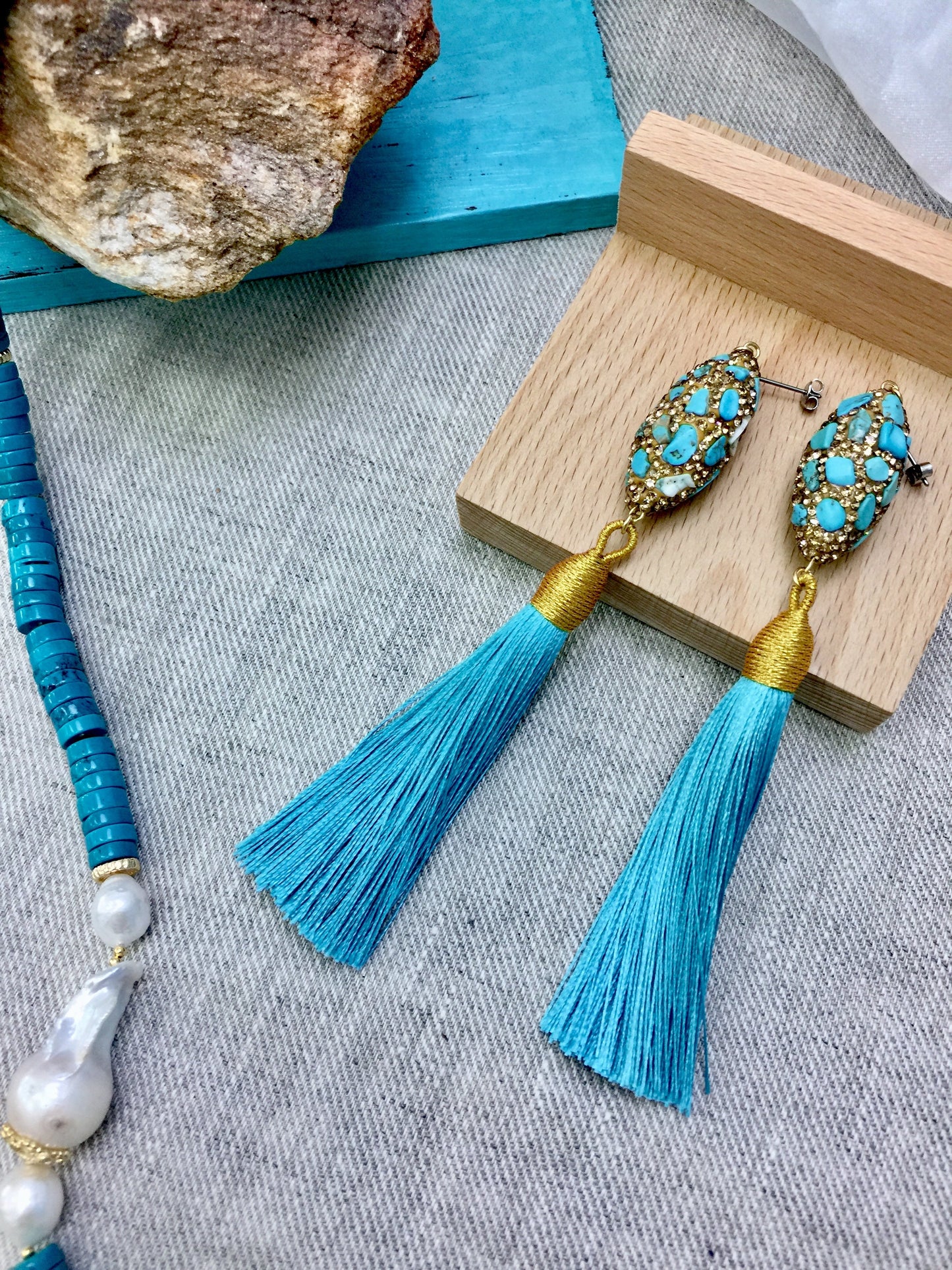 Rhinestones Bordered Turquoise Tassel Earrings CE017 - FARRA