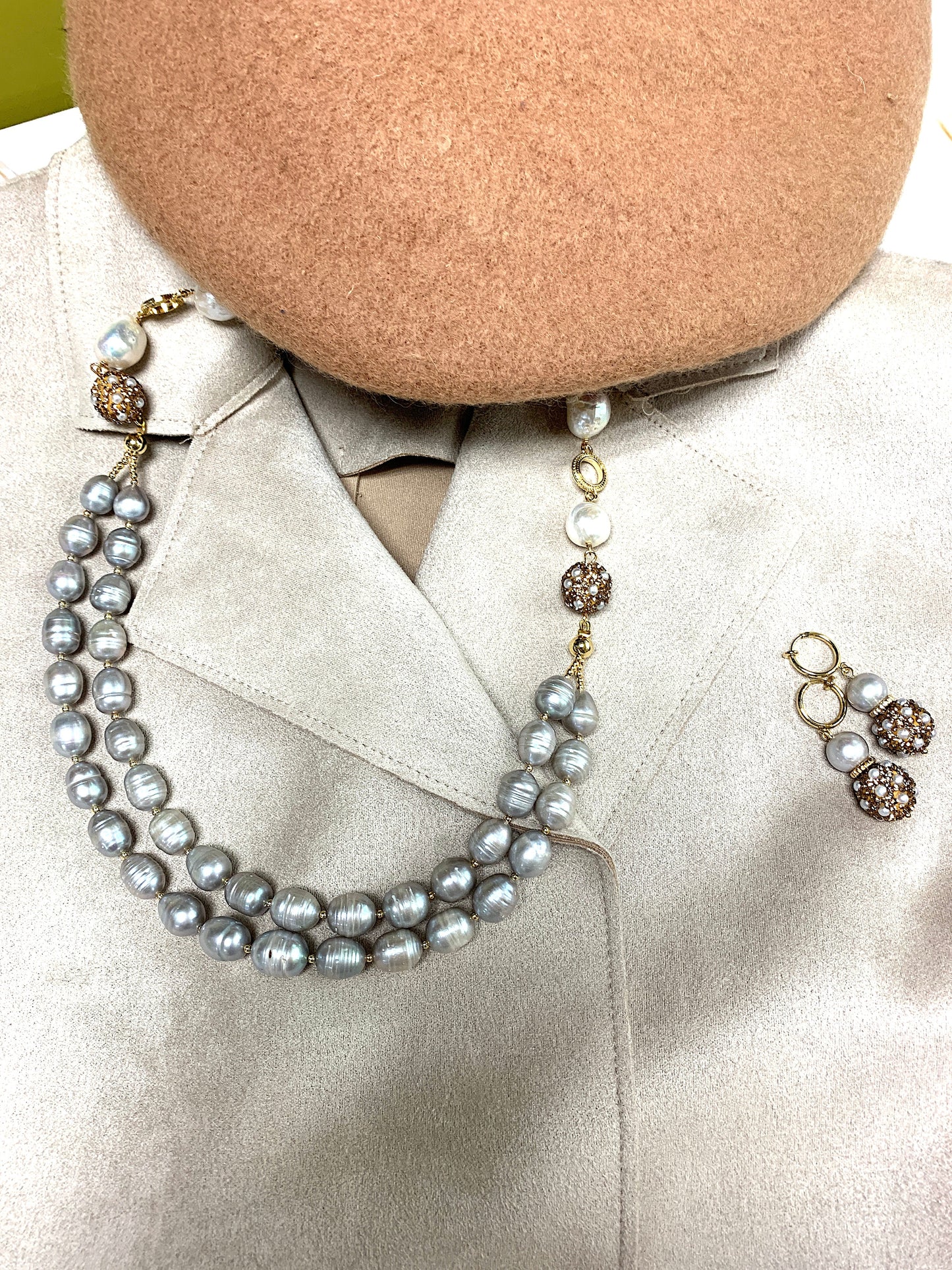 Gray Freshwater Pearls With Rhinestones Bordered Pearls Classic Clip On Earrings FE020 - FARRA