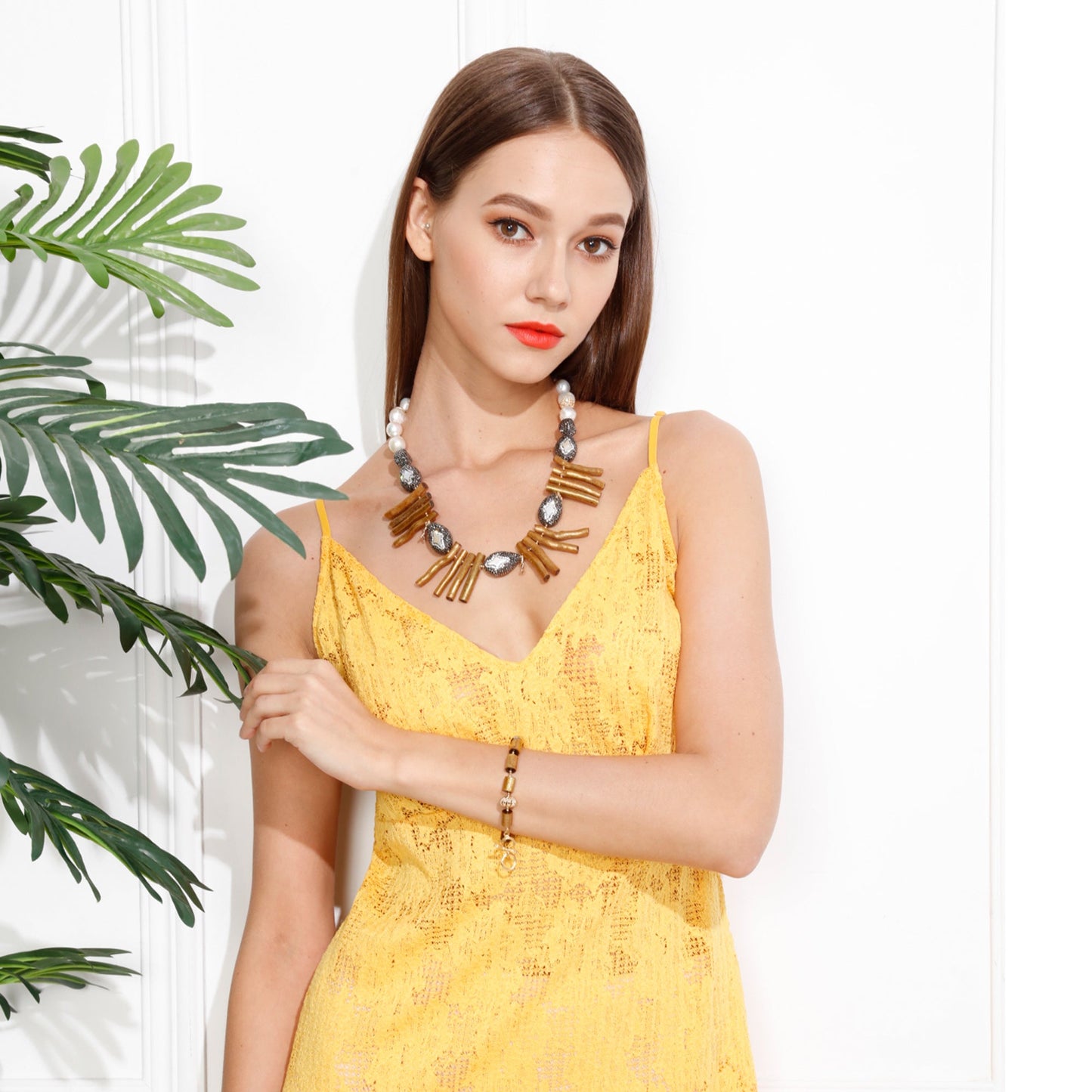 Rhinestones With Gold Coral Branches Statement Necklace MN001 - FARRA