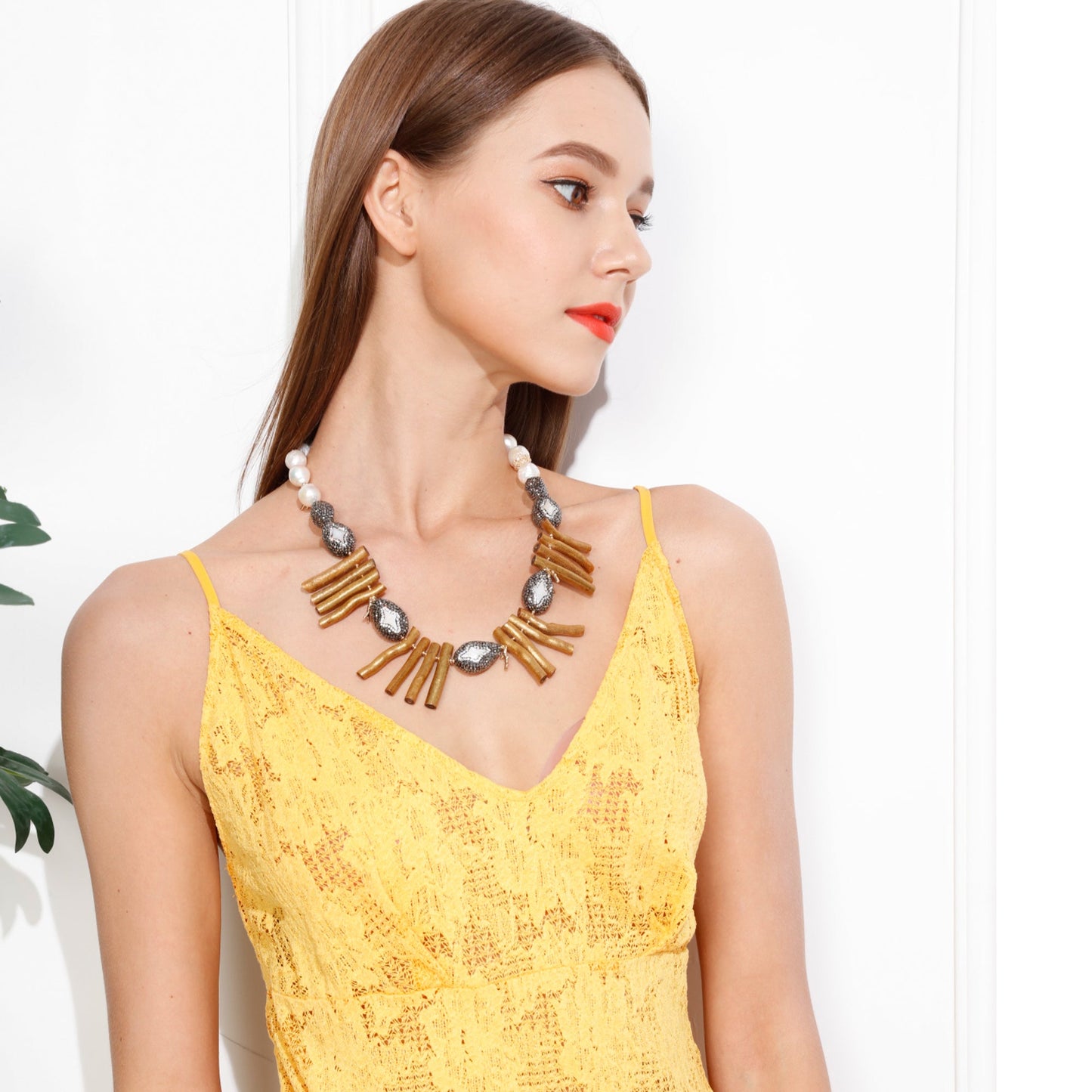 Rhinestones With Gold Coral Branches Statement Necklace MN001 - FARRA