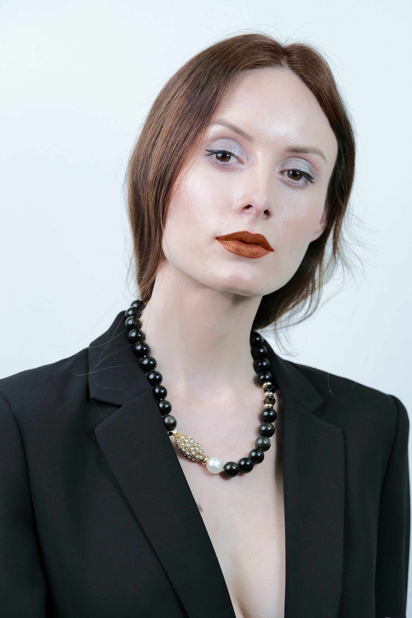 Black Obsidian With Freshwater Pearls Statement Necklace AN024 - FARRA
