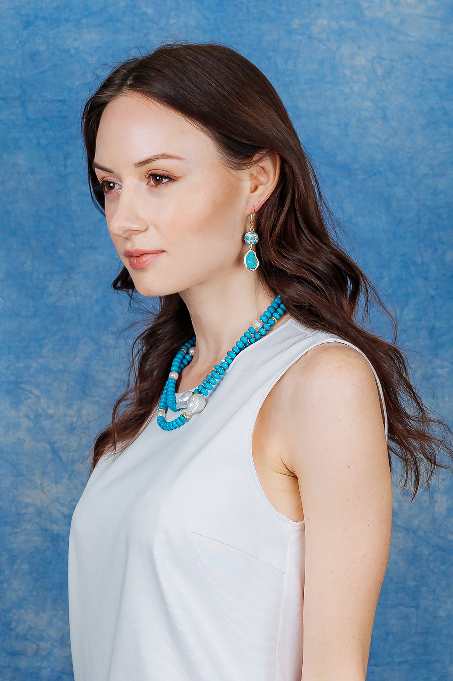 Turquoise With Baroque Pearls Double Layers Short Necklace EN013 - FARRA