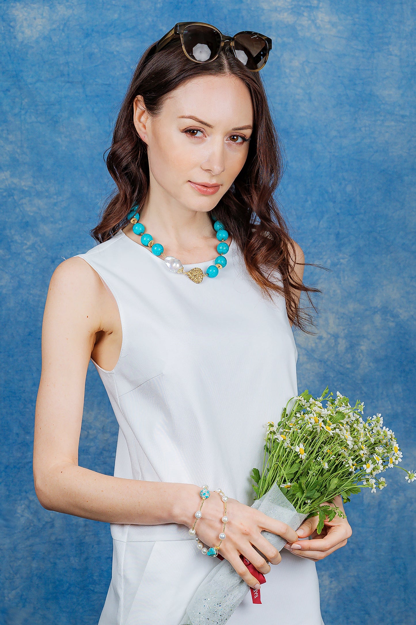 Freshwater Pearls With Turquoise Double Wrapped Bracelet EB001 - FARRA