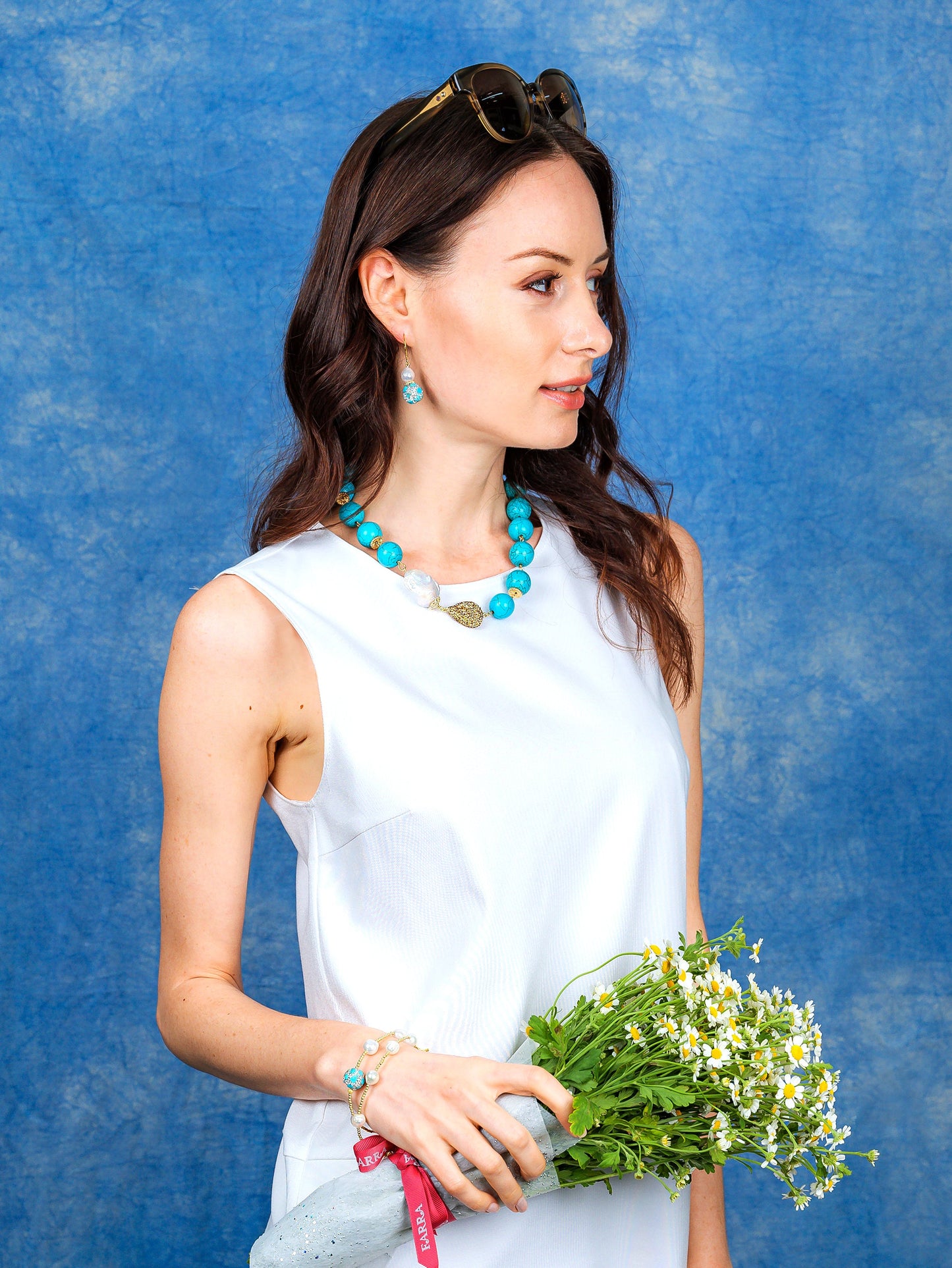 Freshwater Pearls With Rhinestones bordered Turquoise Dangle Earrings EE007 - FARRA