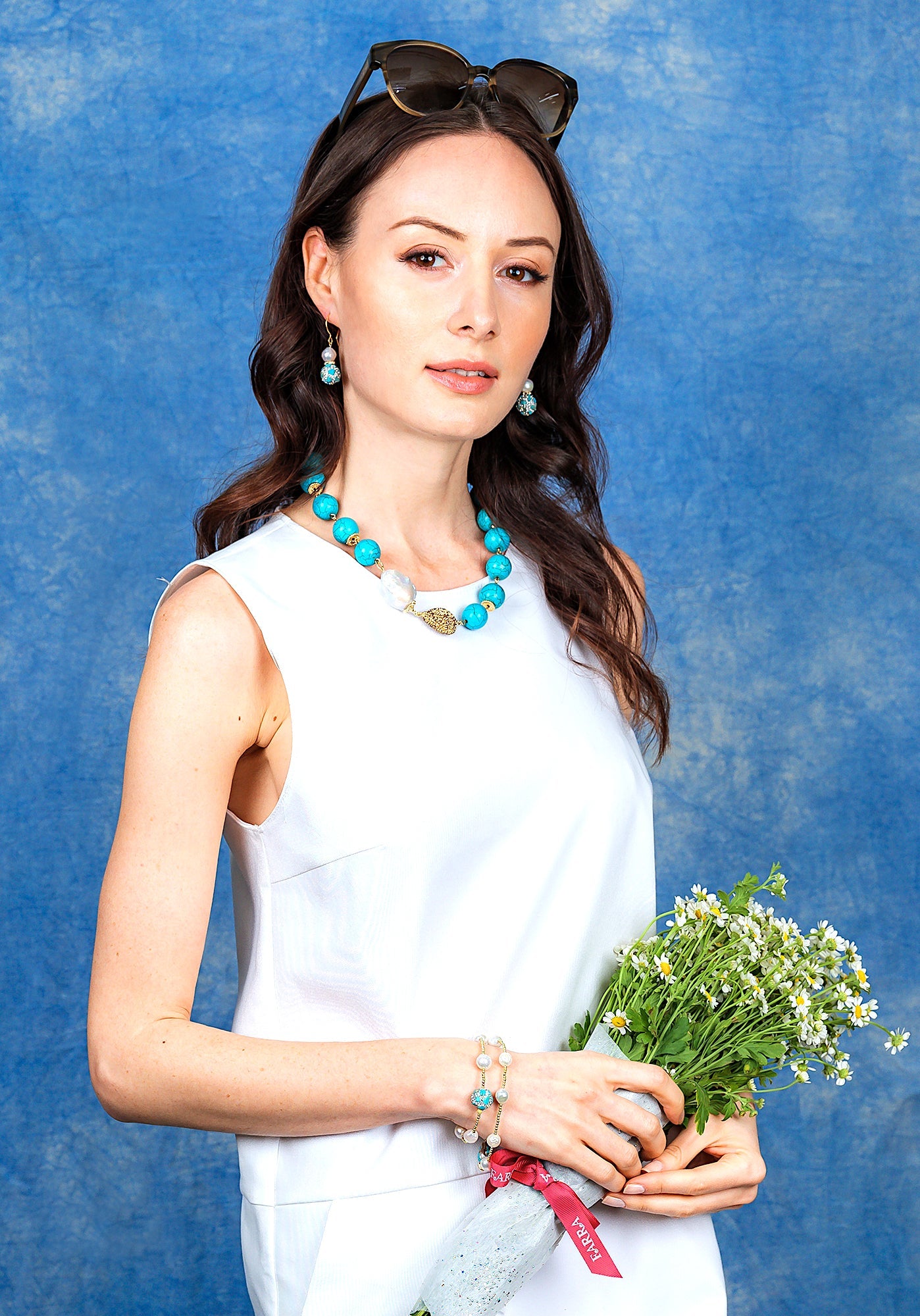 Freshwater Pearls With Rhinestones bordered Turquoise Dangle Earrings EE007 - FARRA