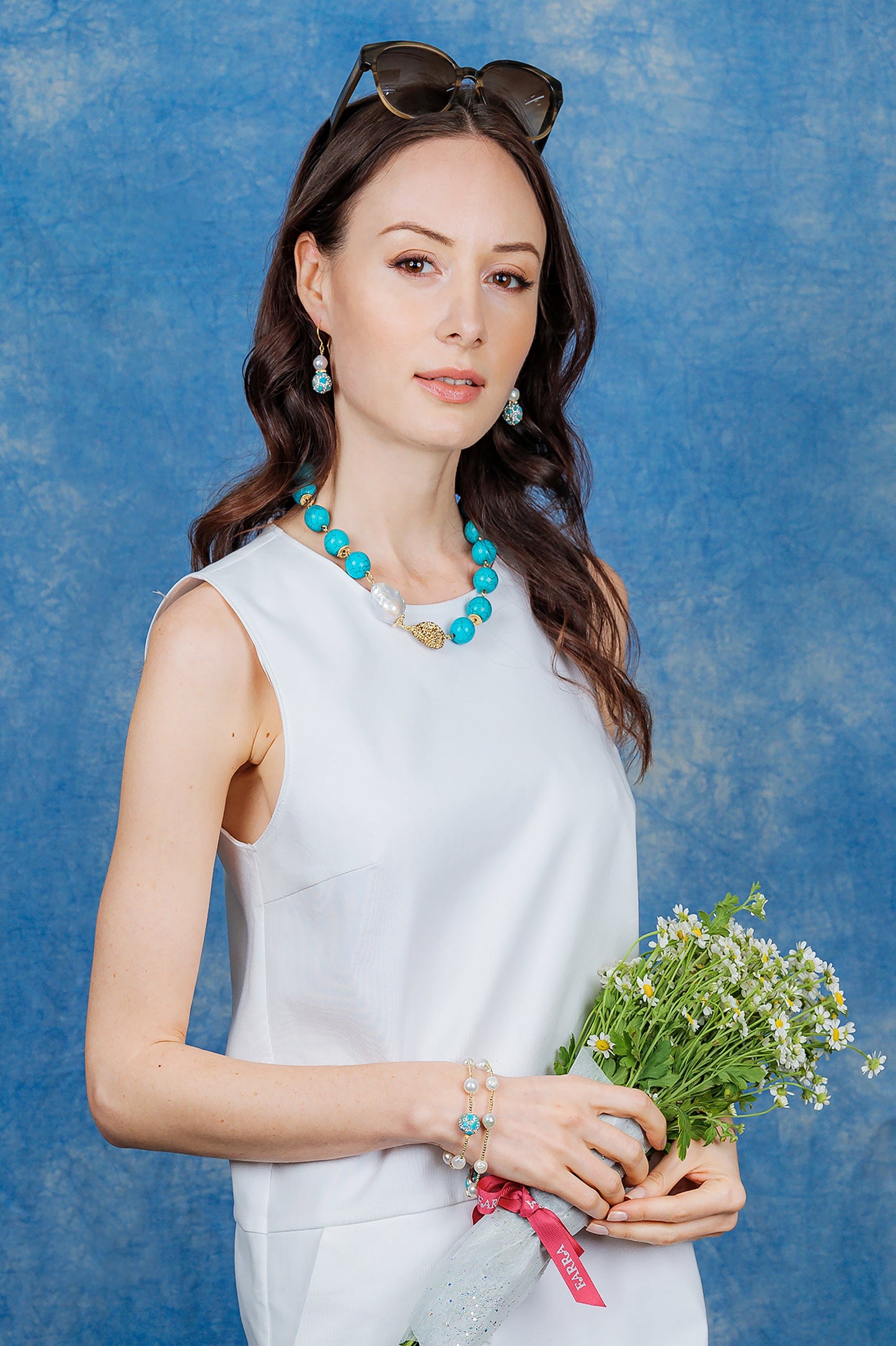 Freshwater Pearls With Turquoise Double Wrapped Bracelet EB001 - FARRA