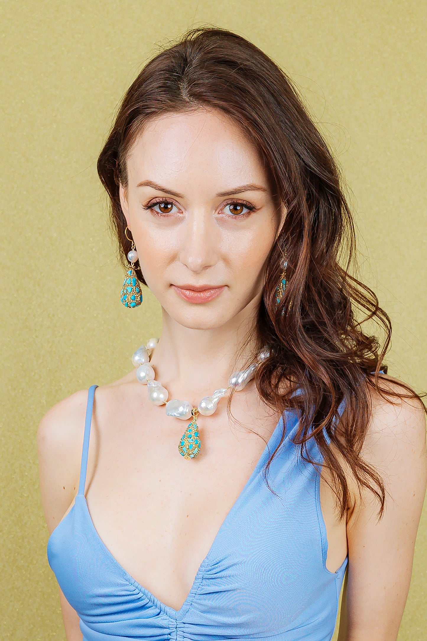 Baroque Pearls With Rhinestone Bordered Turquoise Charm Necklace EN012 - FARRA