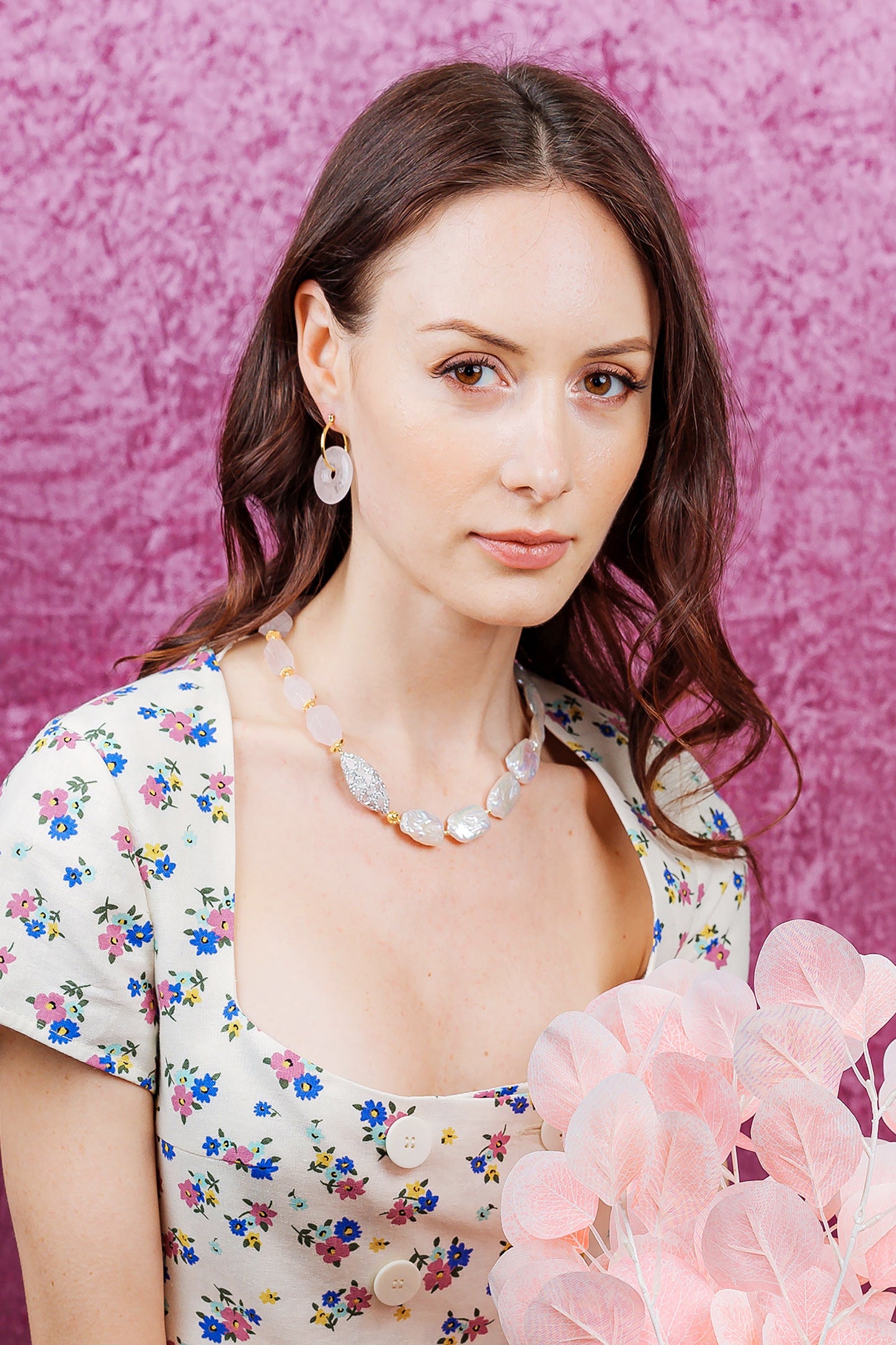 Rectangular Freshwater Pearls With Rose Quartz Necklace EN028 - FARRA