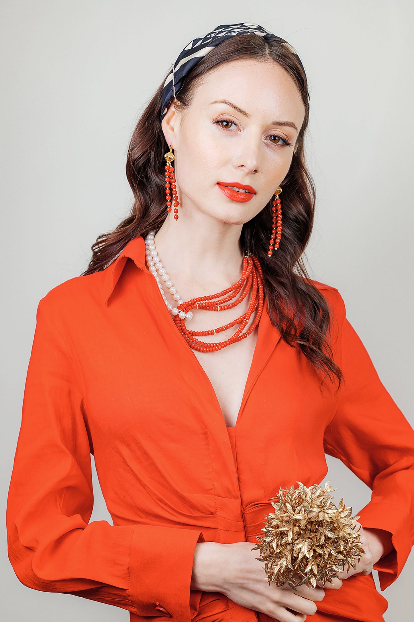 Red Corals With Freshwater Pearls Multi-Strands Necklace EN039 - FARRA