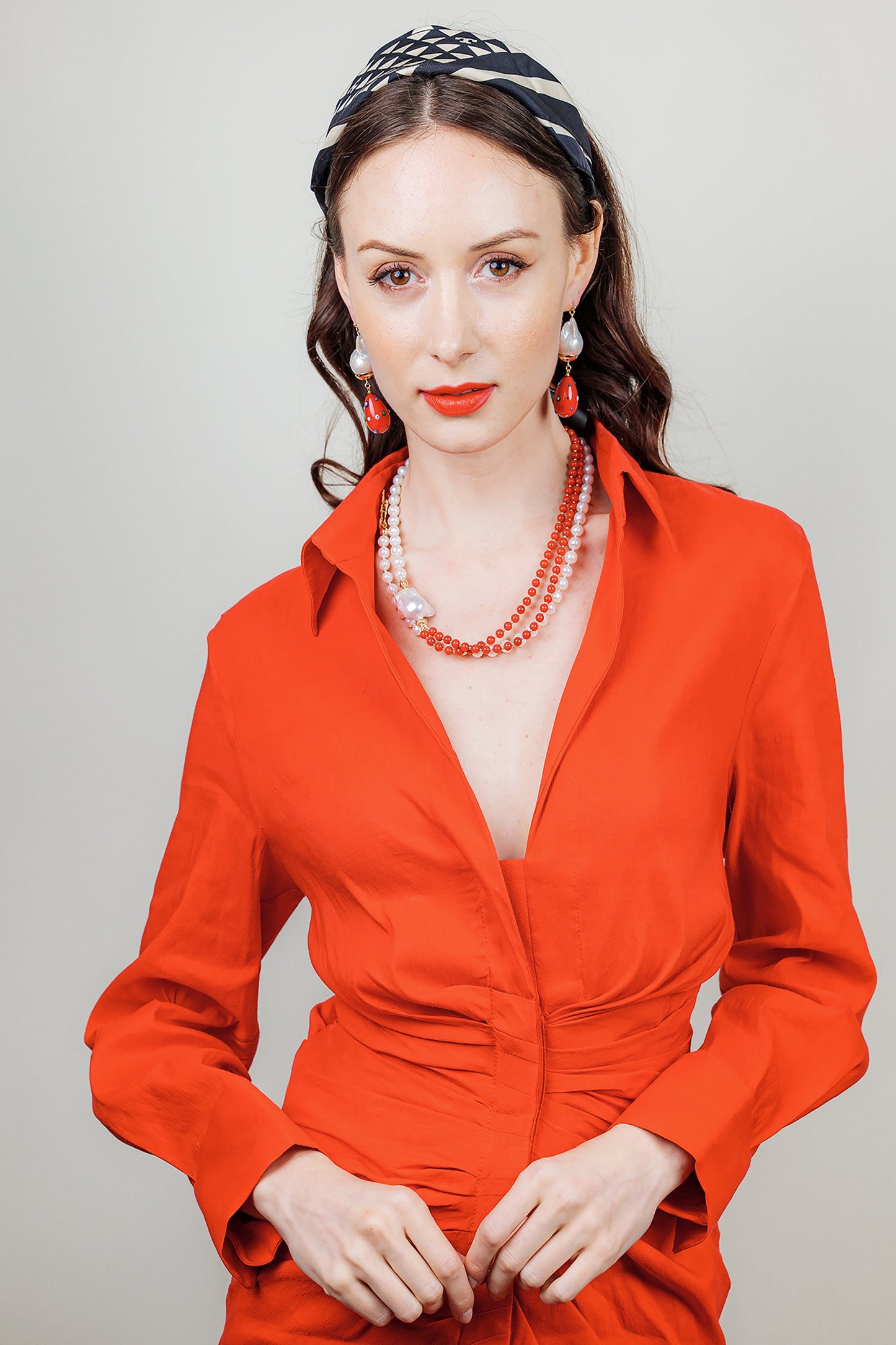 Red Coral & Freshwater Pearls Multi-Way Long Necklace EN038 - FARRA