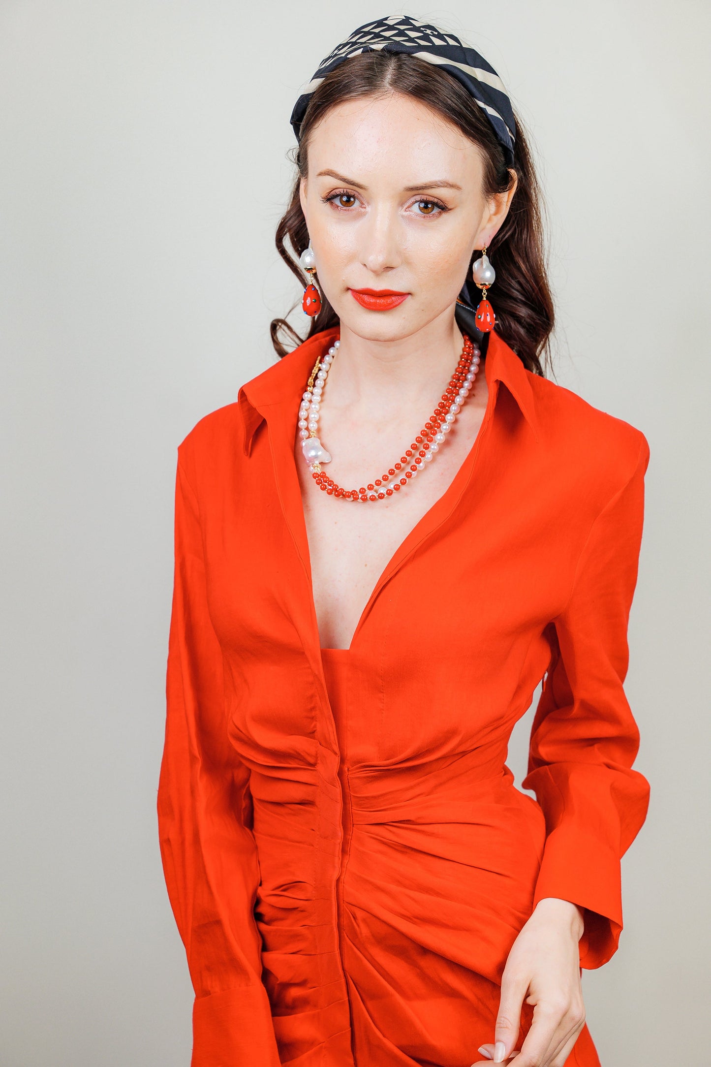 Red Coral & Freshwater Pearls Multi-Way Long Necklace EN038 - FARRA