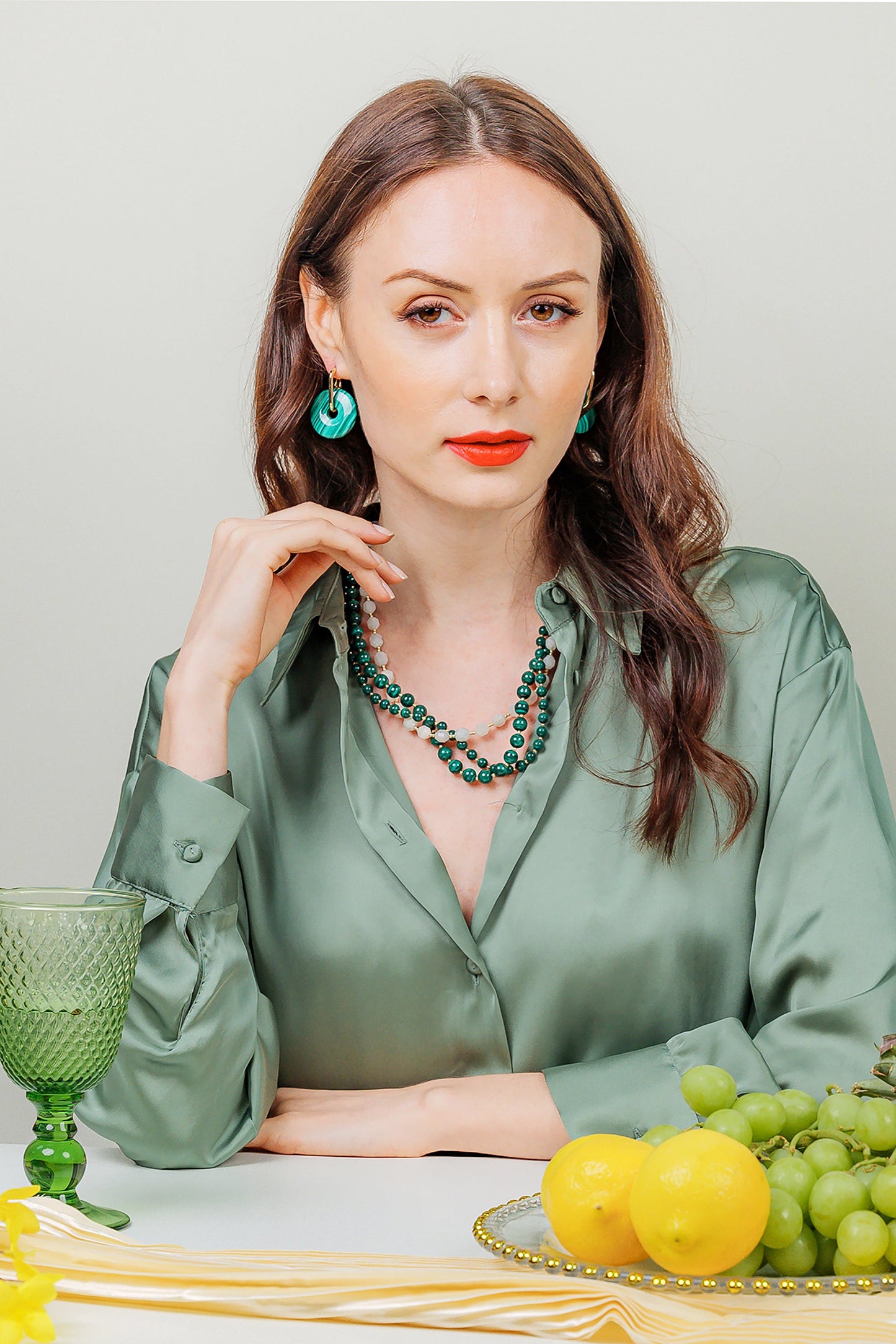 Malachite With Moon Stone Triple Strands Necklace EN004 - FARRA