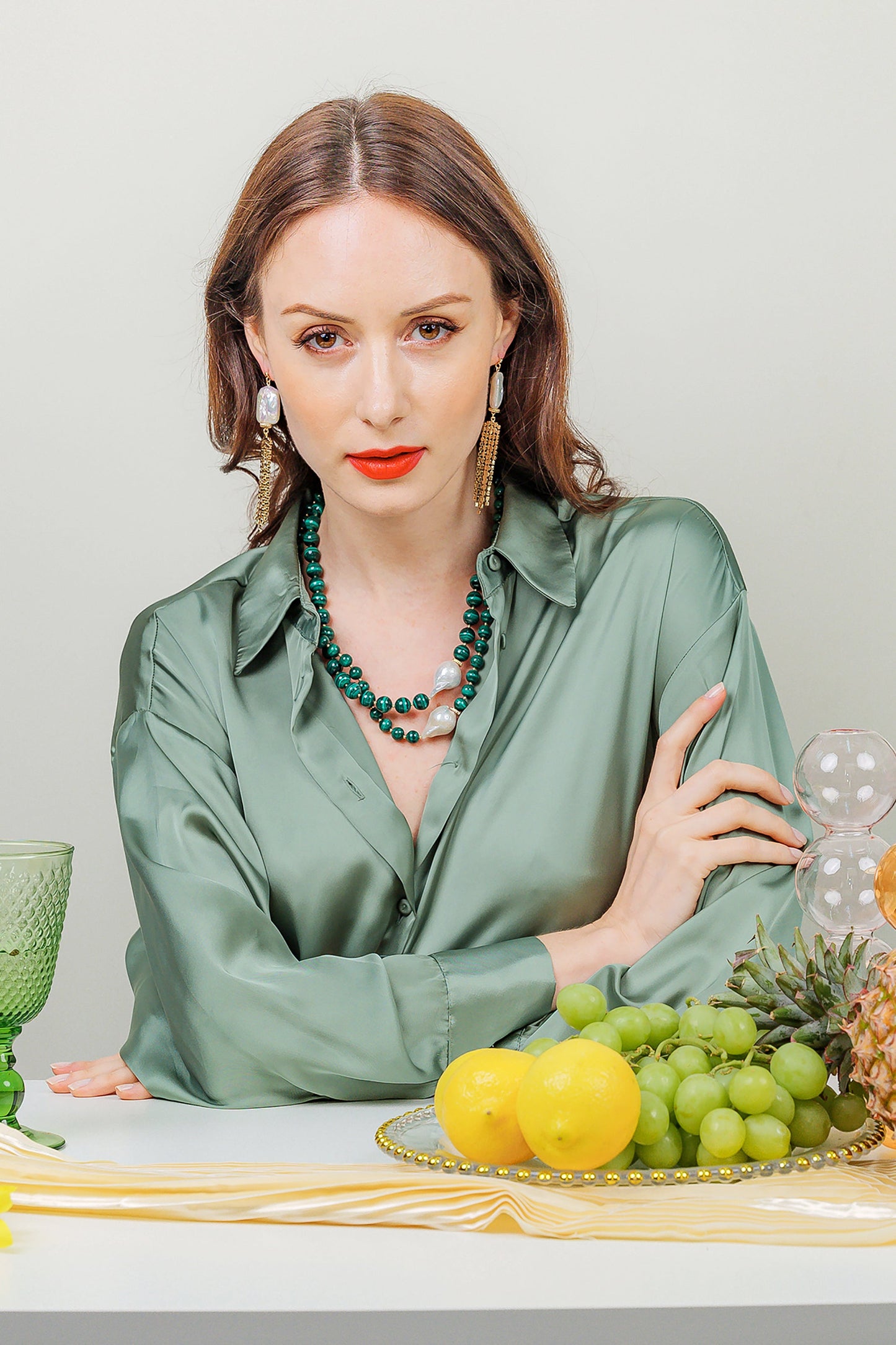 Malachite With Baroque Pearls Double Strands Necklace EN001 - FARRA