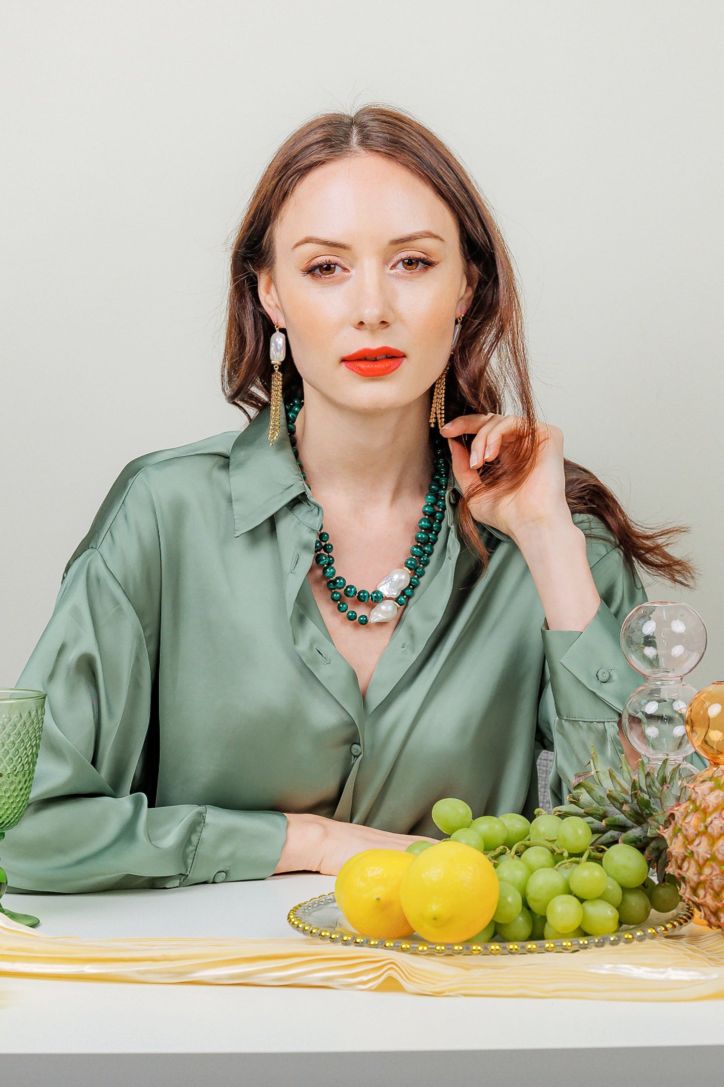 Malachite With Baroque Pearls Double Strands Necklace EN001 - FARRA