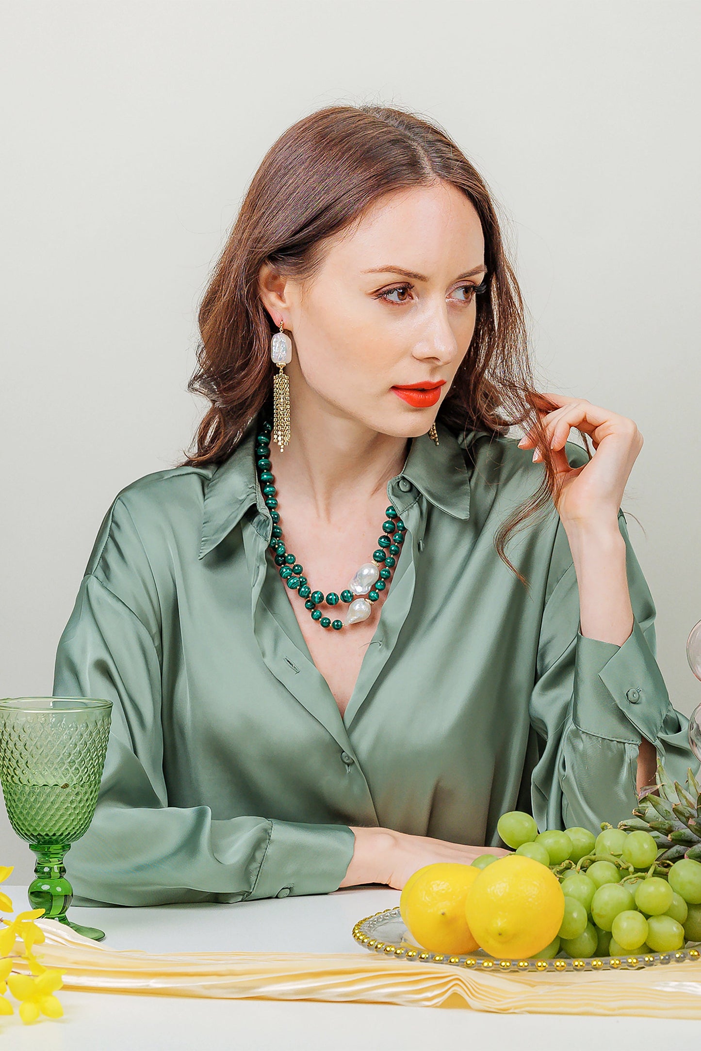 Malachite With Baroque Pearls Double Strands Necklace EN001 - FARRA